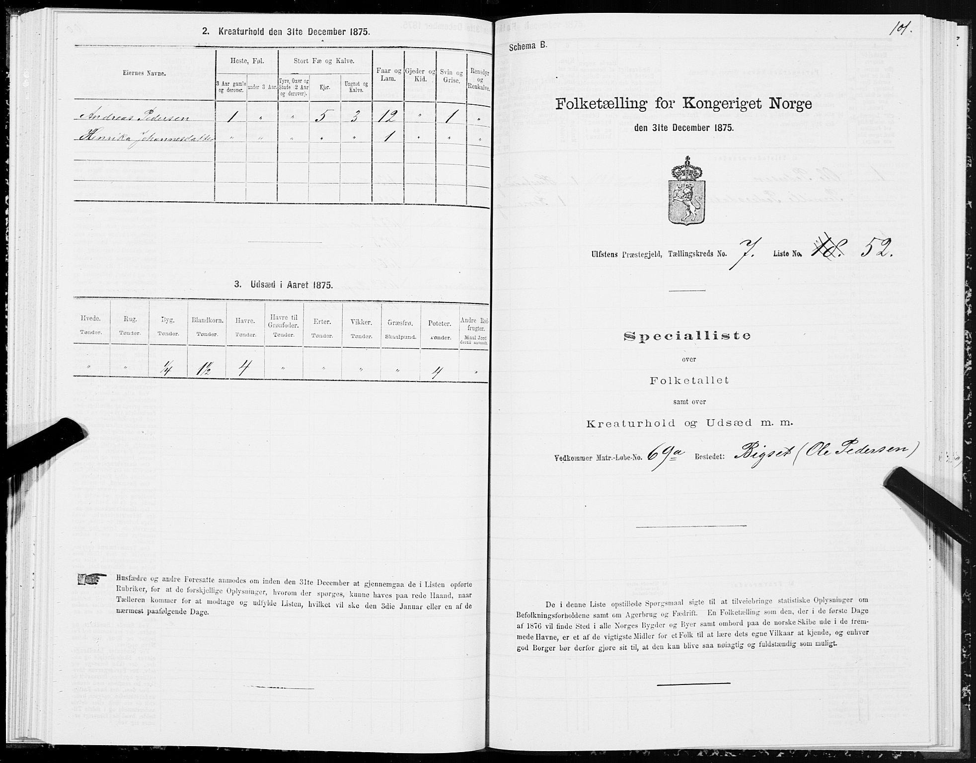 SAT, 1875 census for 1516P Ulstein, 1875, p. 3101