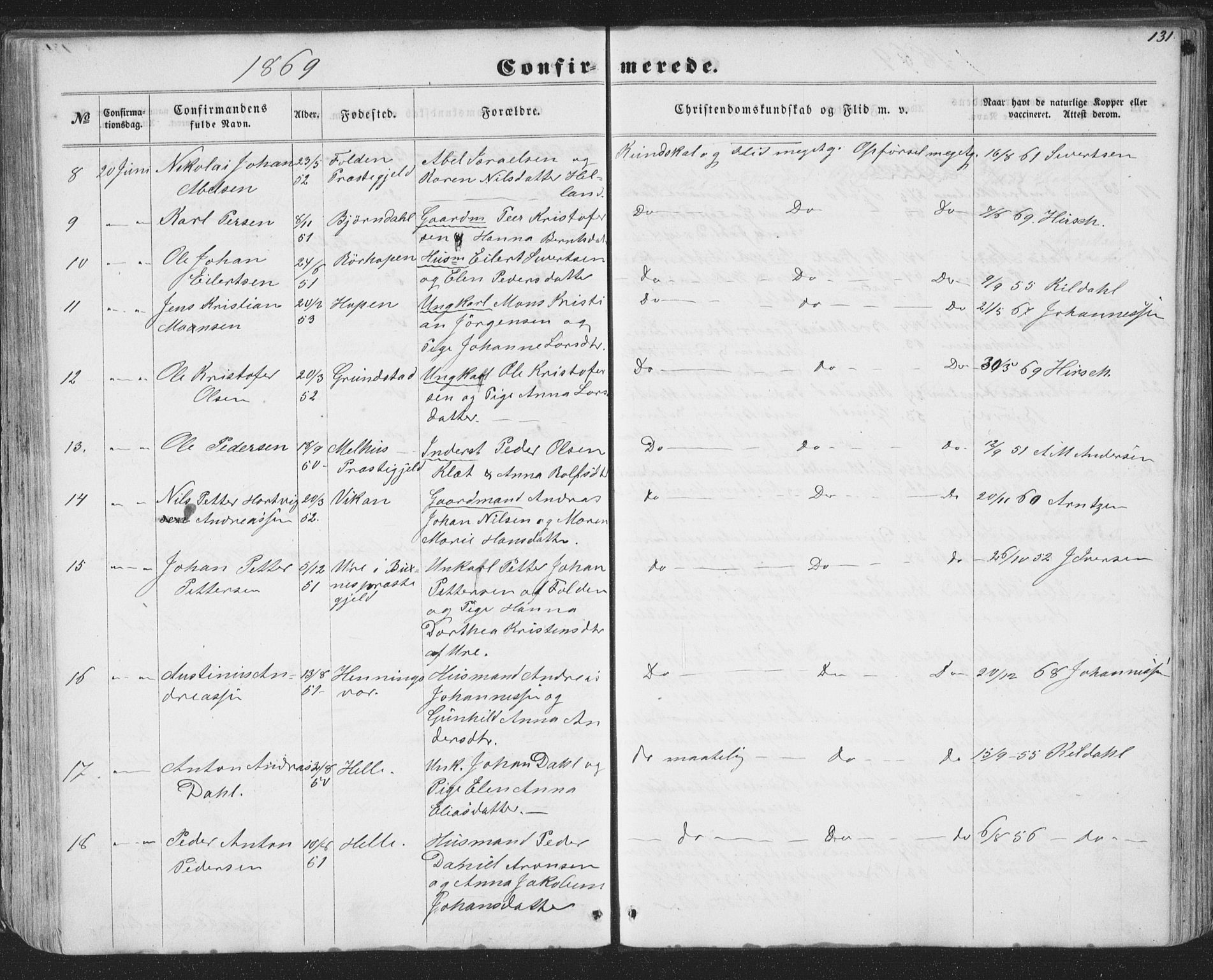 Ministerialprotokoller, klokkerbøker og fødselsregistre - Nordland, SAT/A-1459/874/L1073: Parish register (copy) no. 874C02, 1860-1870, p. 131