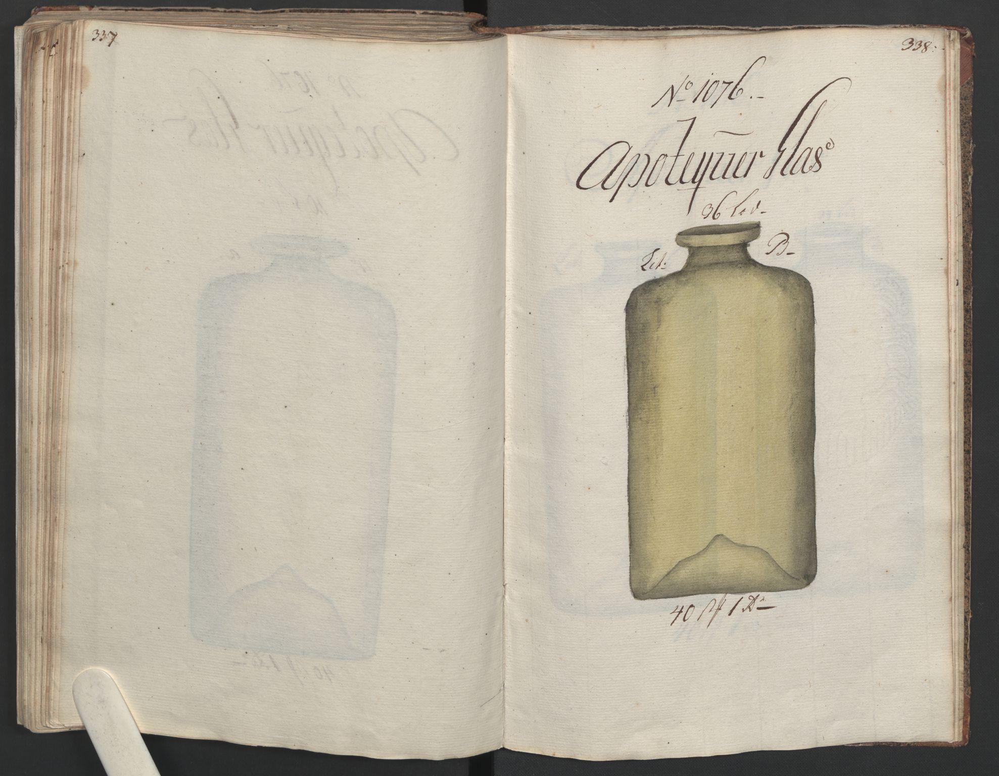 Glassverk, samlinger, AV/RA-PA-0001/F/Fa/L0036: Modellbok for Nøstetangens og Aas' produkter med prisangivelse,, 1763, p. 337-338