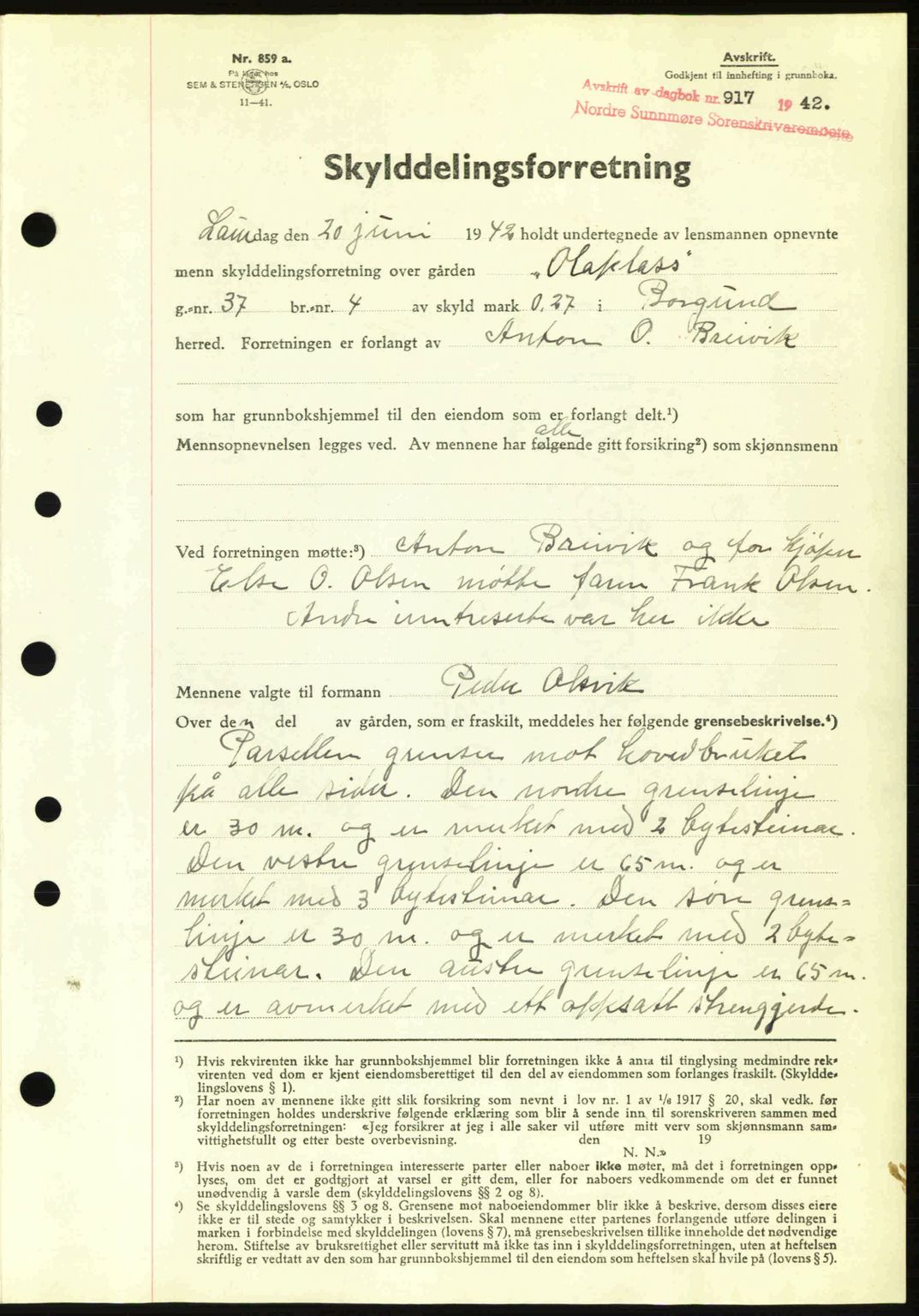 Nordre Sunnmøre sorenskriveri, AV/SAT-A-0006/1/2/2C/2Ca: Mortgage book no. A13, 1942-1942, Diary no: : 917/1942