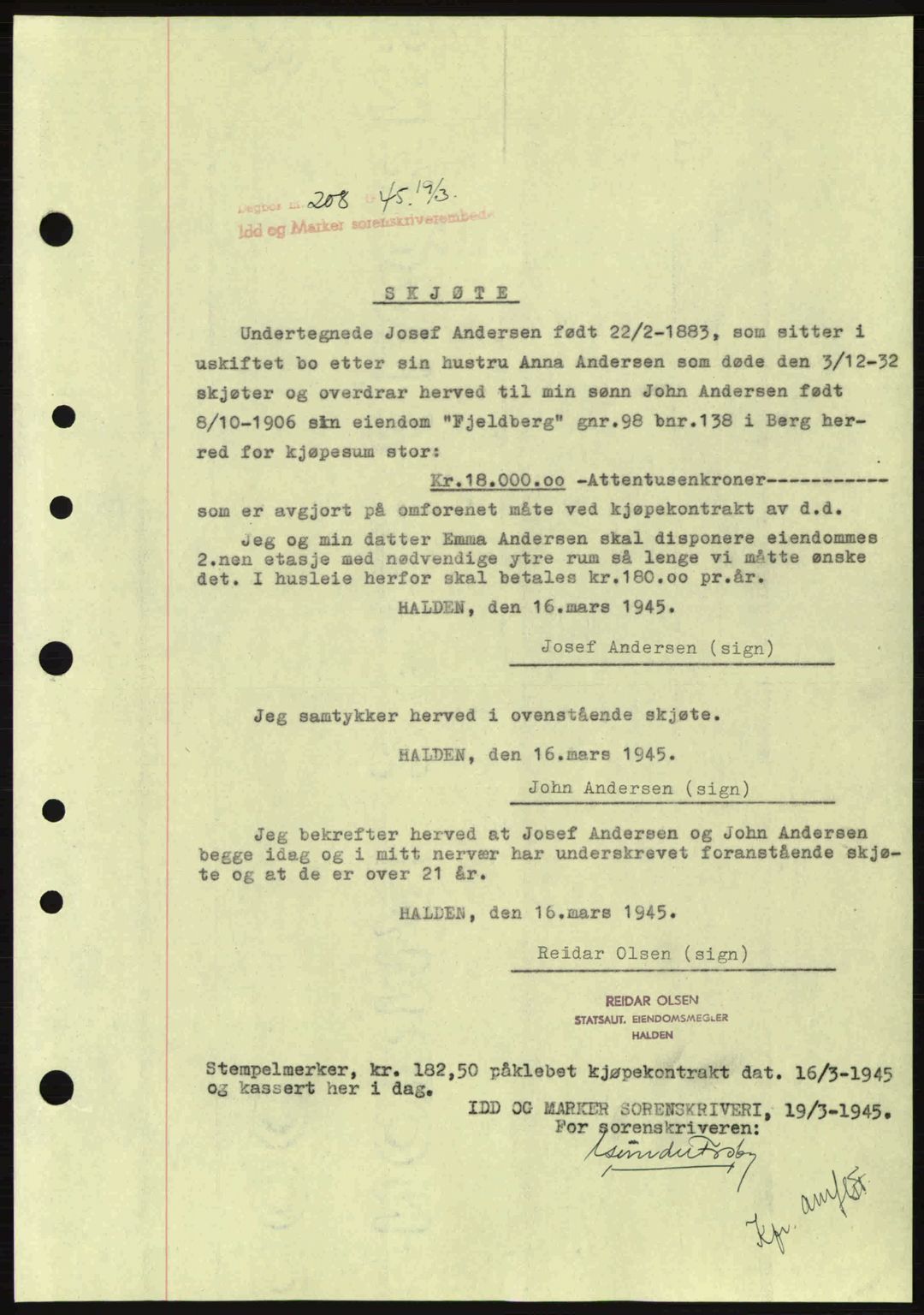 Idd og Marker sorenskriveri, AV/SAO-A-10283/G/Gb/Gbb/L0007: Mortgage book no. A7, 1944-1945, Diary no: : 208/1945