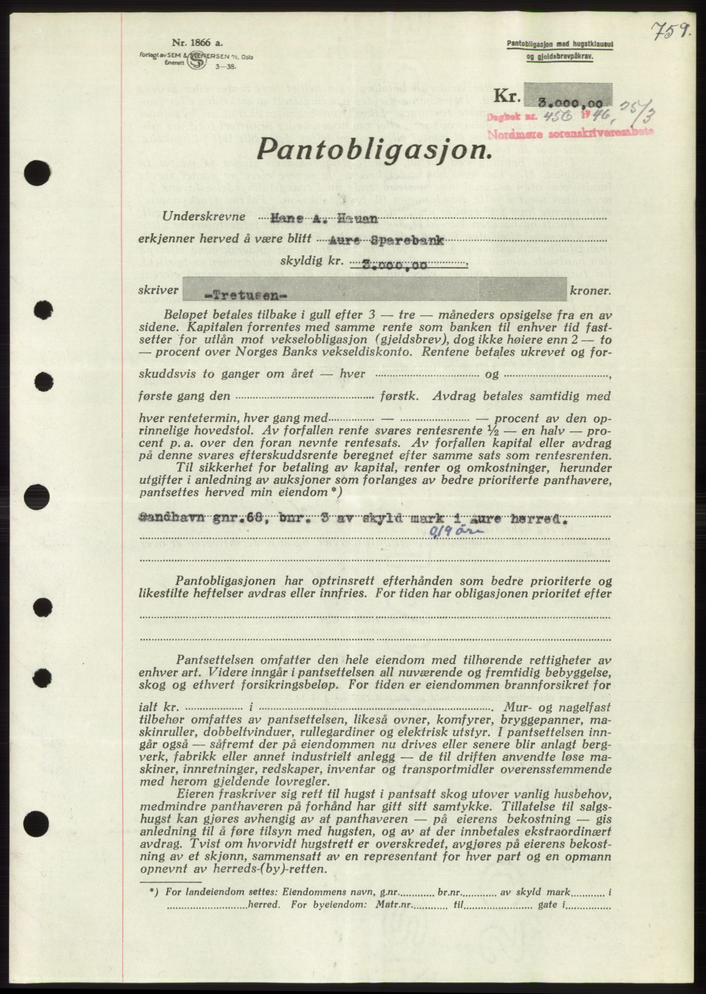 Nordmøre sorenskriveri, AV/SAT-A-4132/1/2/2Ca: Mortgage book no. B93b, 1946-1946, Diary no: : 456/1946