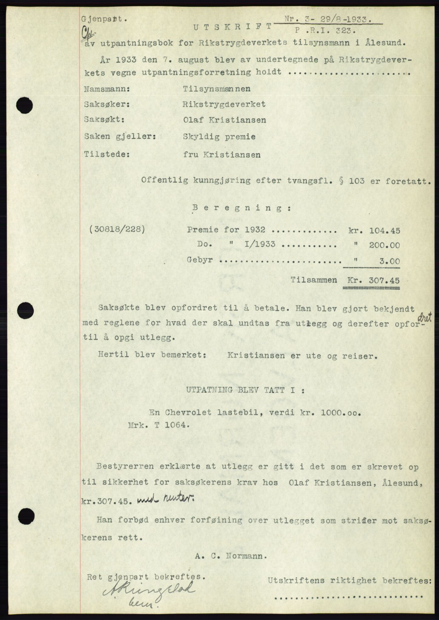 Ålesund byfogd, AV/SAT-A-4384: Mortgage book no. 31, 1933-1934, Deed date: 29.08.1933