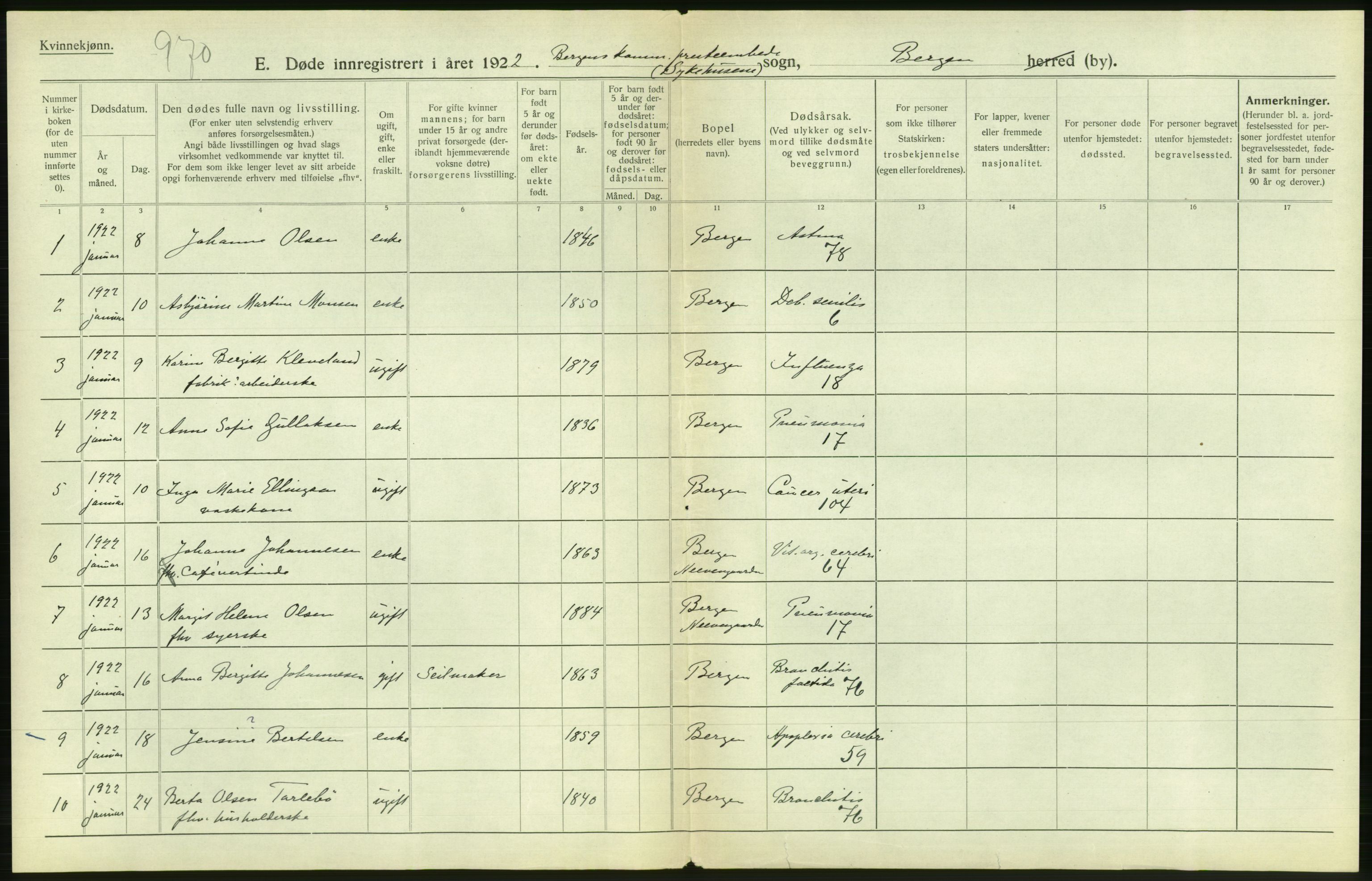 Statistisk sentralbyrå, Sosiodemografiske emner, Befolkning, AV/RA-S-2228/D/Df/Dfc/Dfcb/L0030: Bergen: Gifte, døde, dødfødte., 1922, p. 336