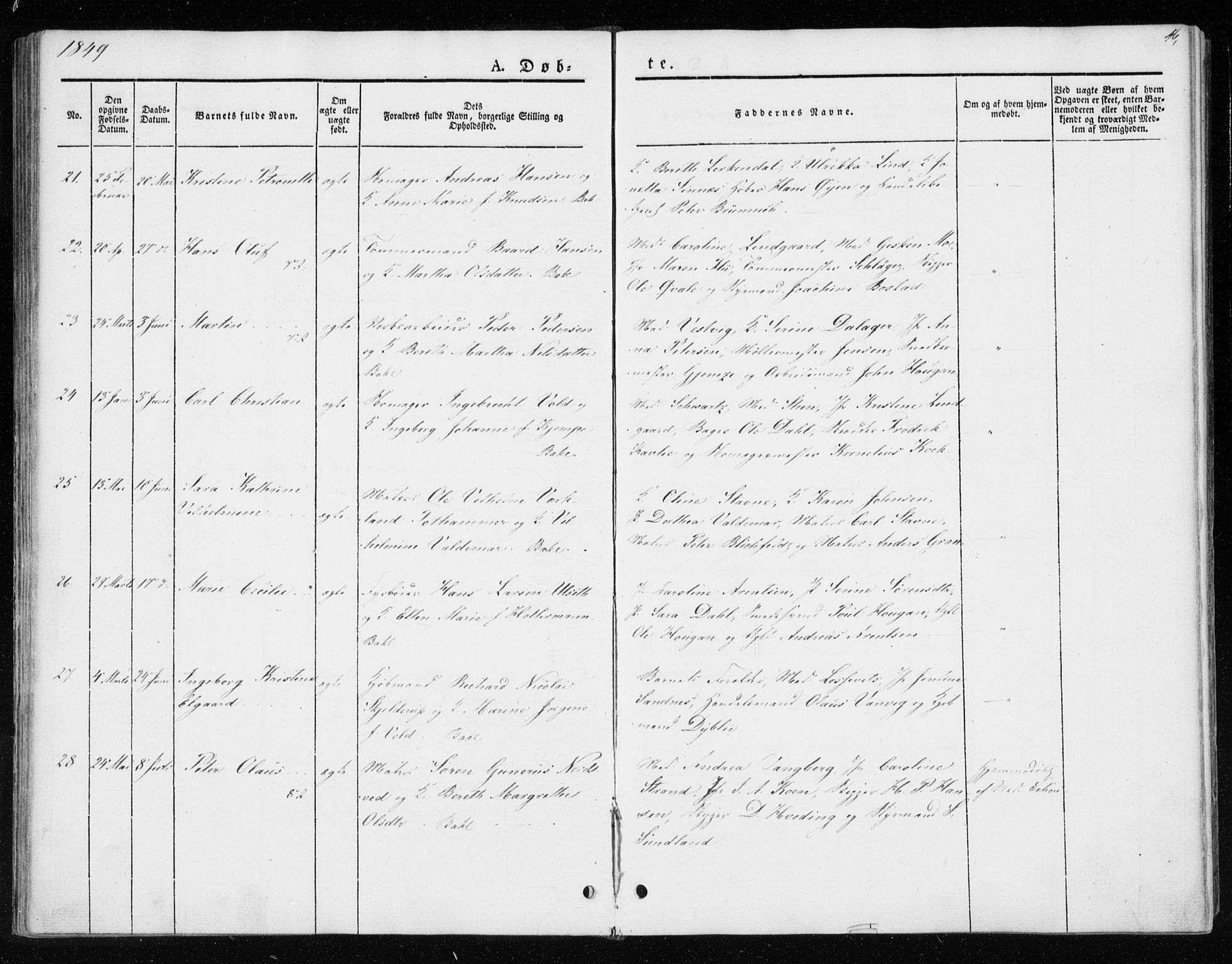 Ministerialprotokoller, klokkerbøker og fødselsregistre - Sør-Trøndelag, AV/SAT-A-1456/604/L0183: Parish register (official) no. 604A04, 1841-1850, p. 46