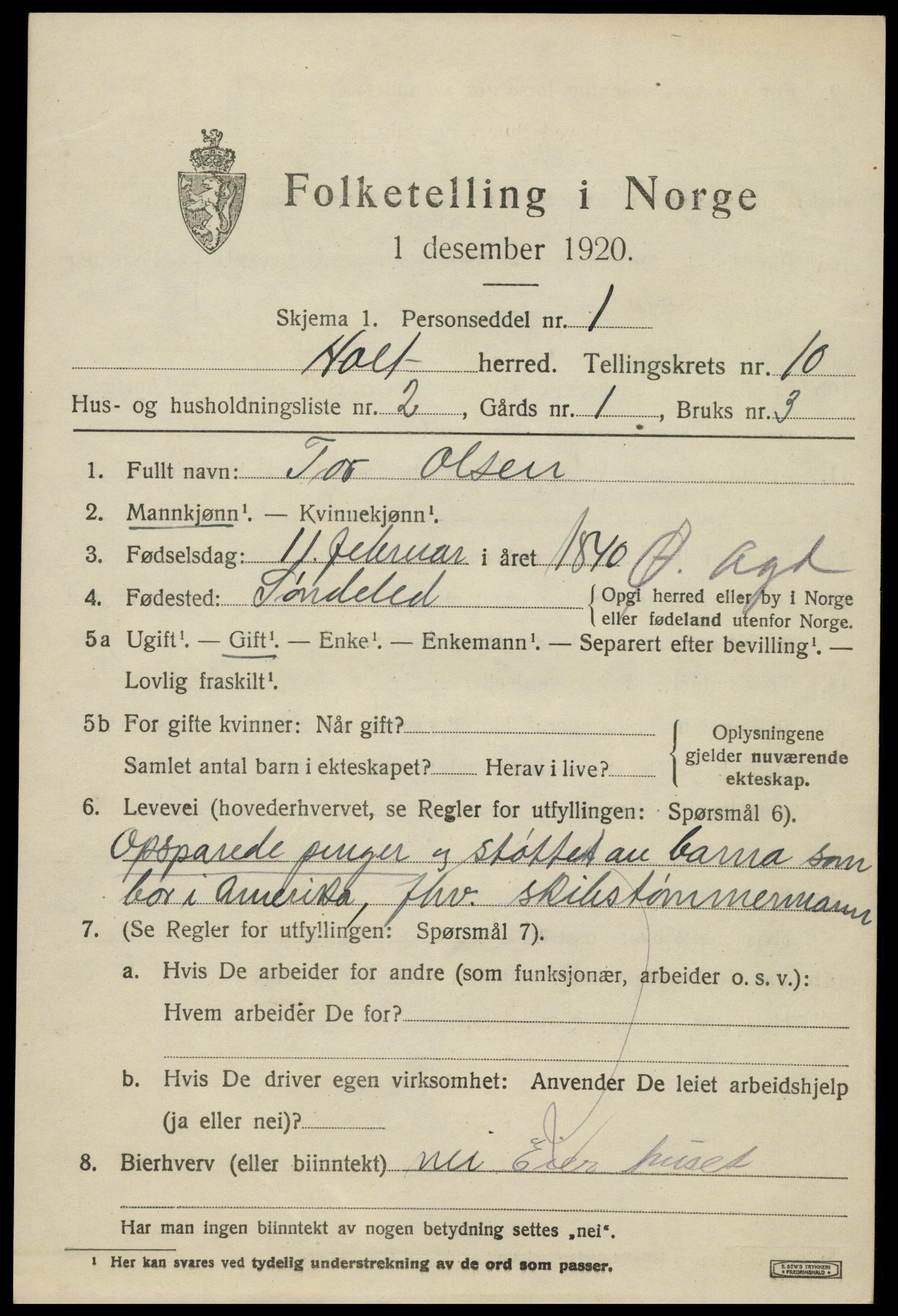 SAK, 1920 census for Holt, 1920, p. 5722