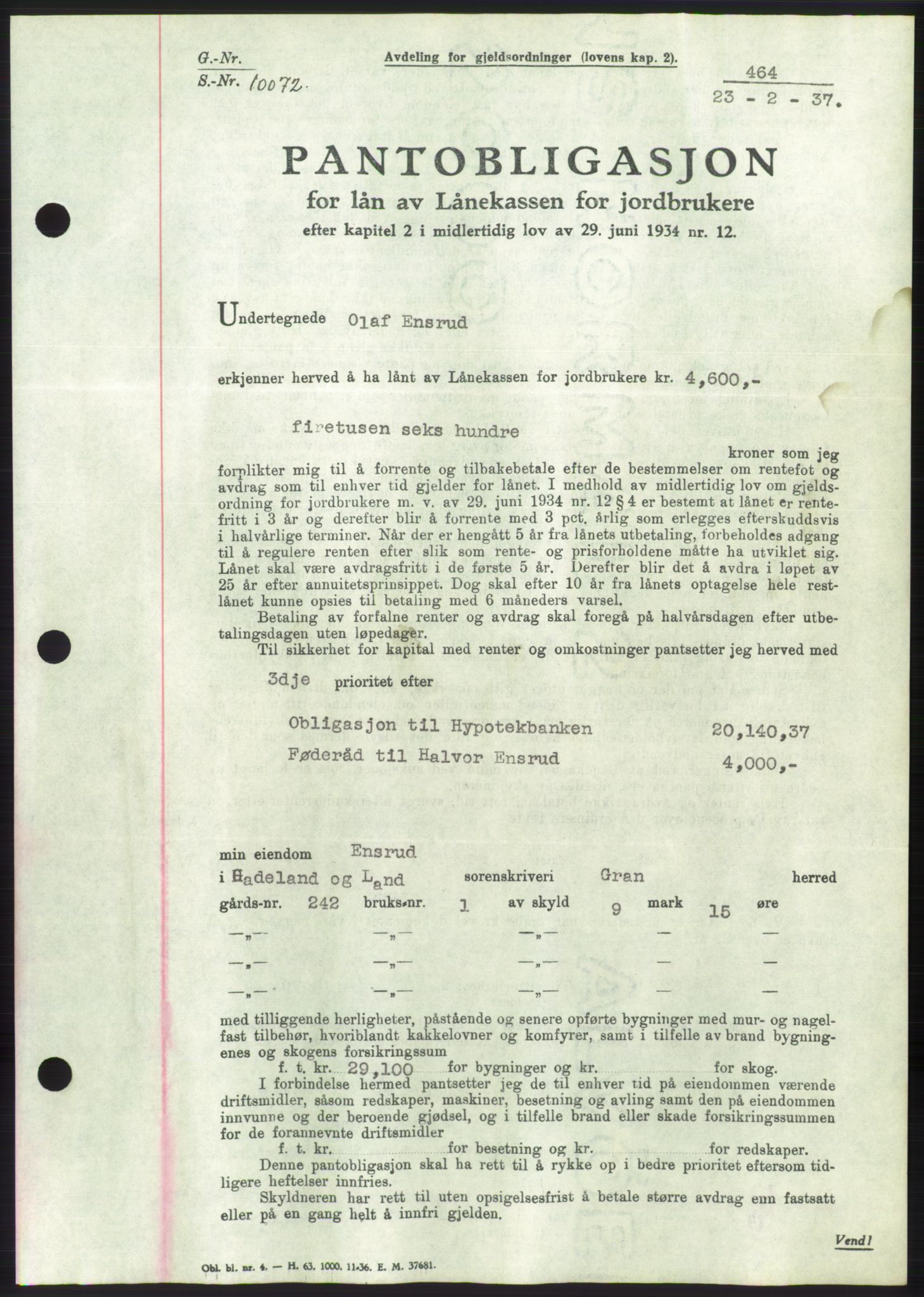 Hadeland og Land tingrett, SAH/TING-010/H/Hb/Hbc/L0002: Mortgage book no. B2, 1936-1937, Diary no: : 464/1937