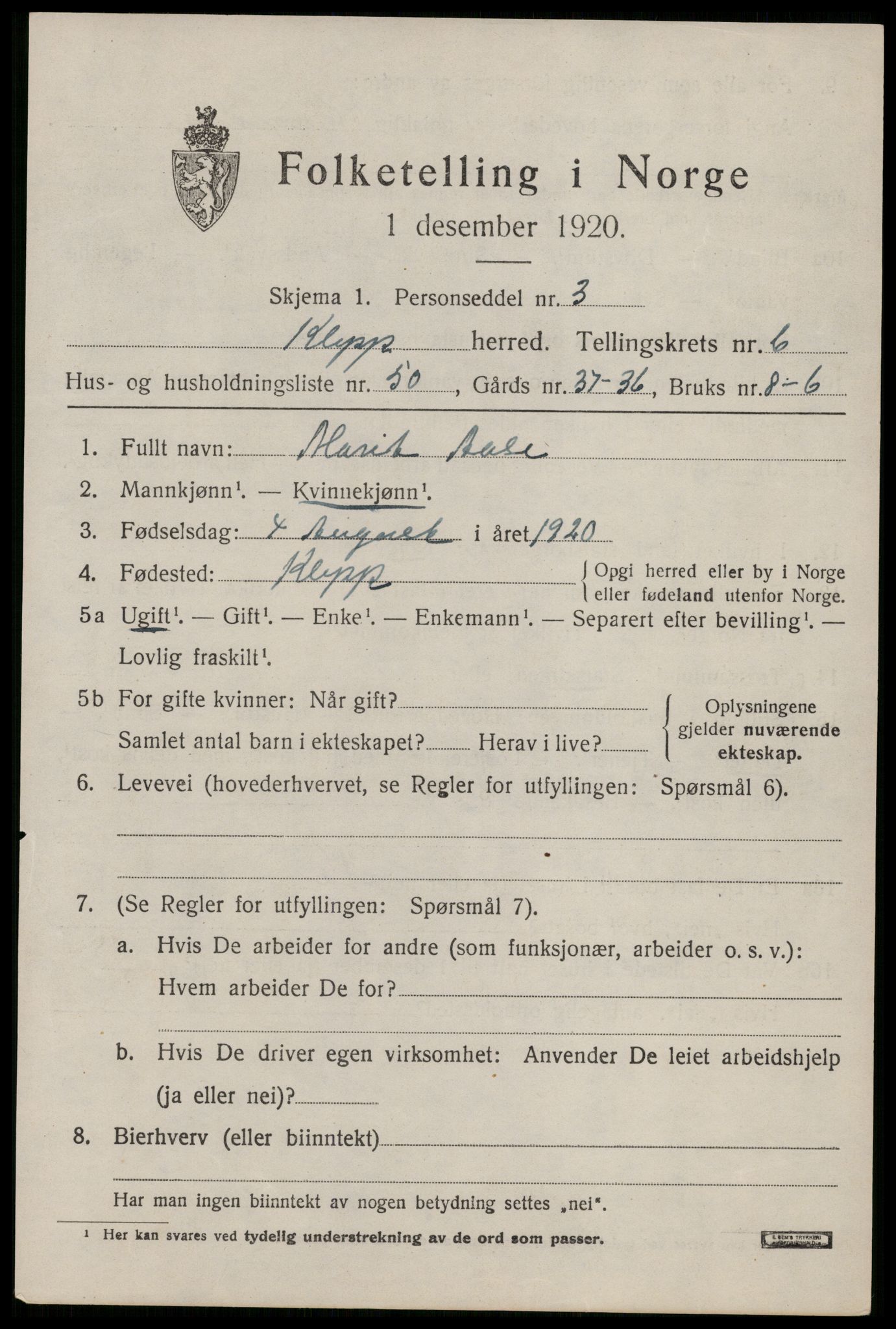 SAST, 1920 census for Klepp, 1920, p. 6572