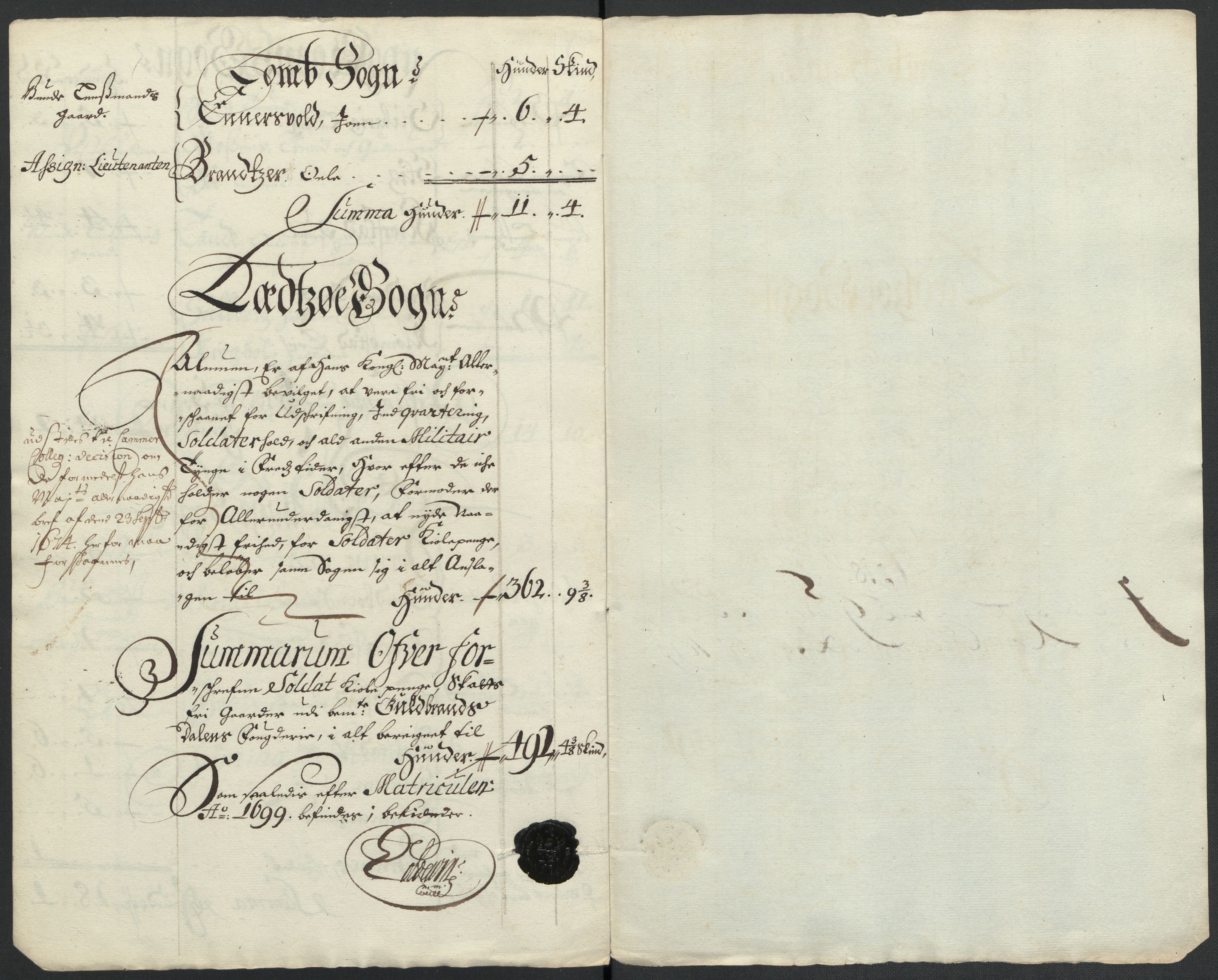 Rentekammeret inntil 1814, Reviderte regnskaper, Fogderegnskap, AV/RA-EA-4092/R17/L1172: Fogderegnskap Gudbrandsdal, 1699, p. 241