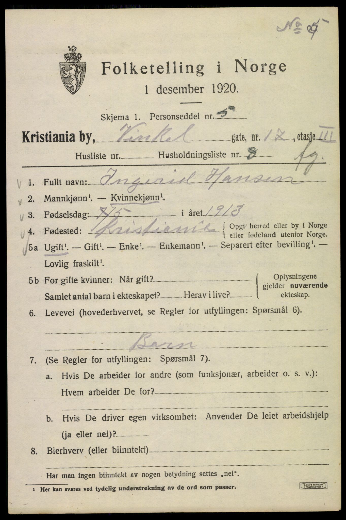 SAO, 1920 census for Kristiania, 1920, p. 638009