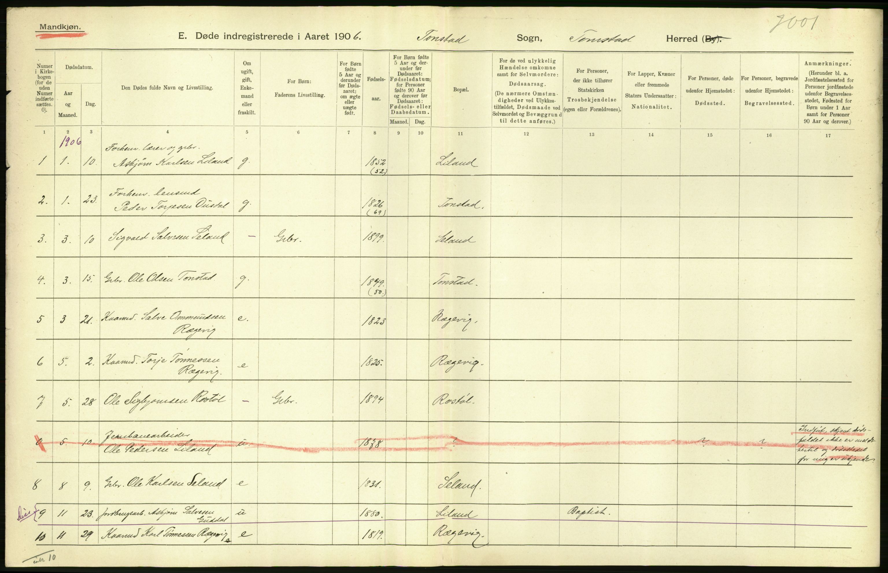 Statistisk sentralbyrå, Sosiodemografiske emner, Befolkning, AV/RA-S-2228/D/Df/Dfa/Dfad/L0024: Lister og Mandals amt: Gifte, døde, dødfødte. Bygder og byer., 1906, p. 140