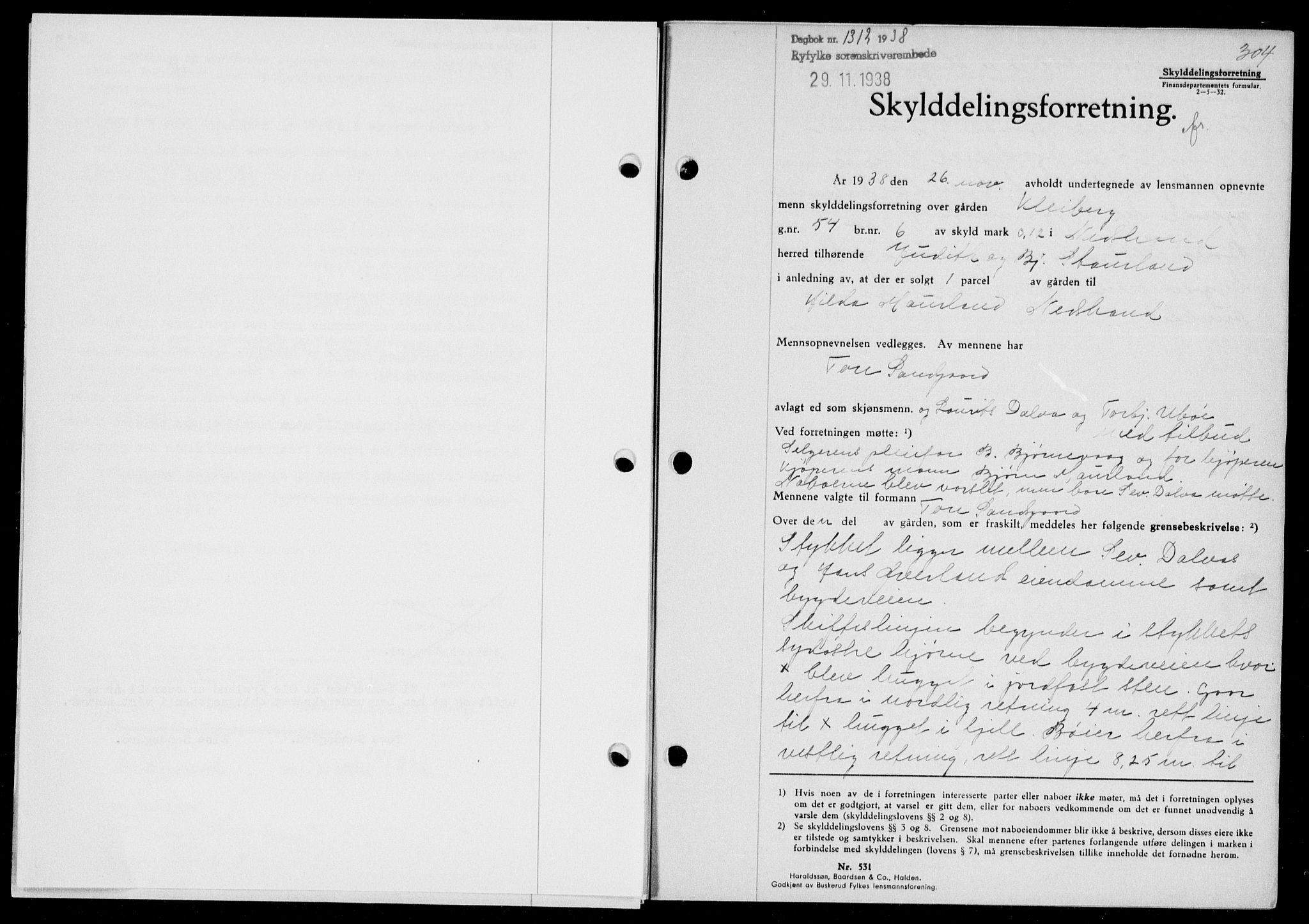 Ryfylke tingrett, AV/SAST-A-100055/001/II/IIB/L0078: Mortgage book no. 57, 1938-1938, Diary no: : 1312/1938