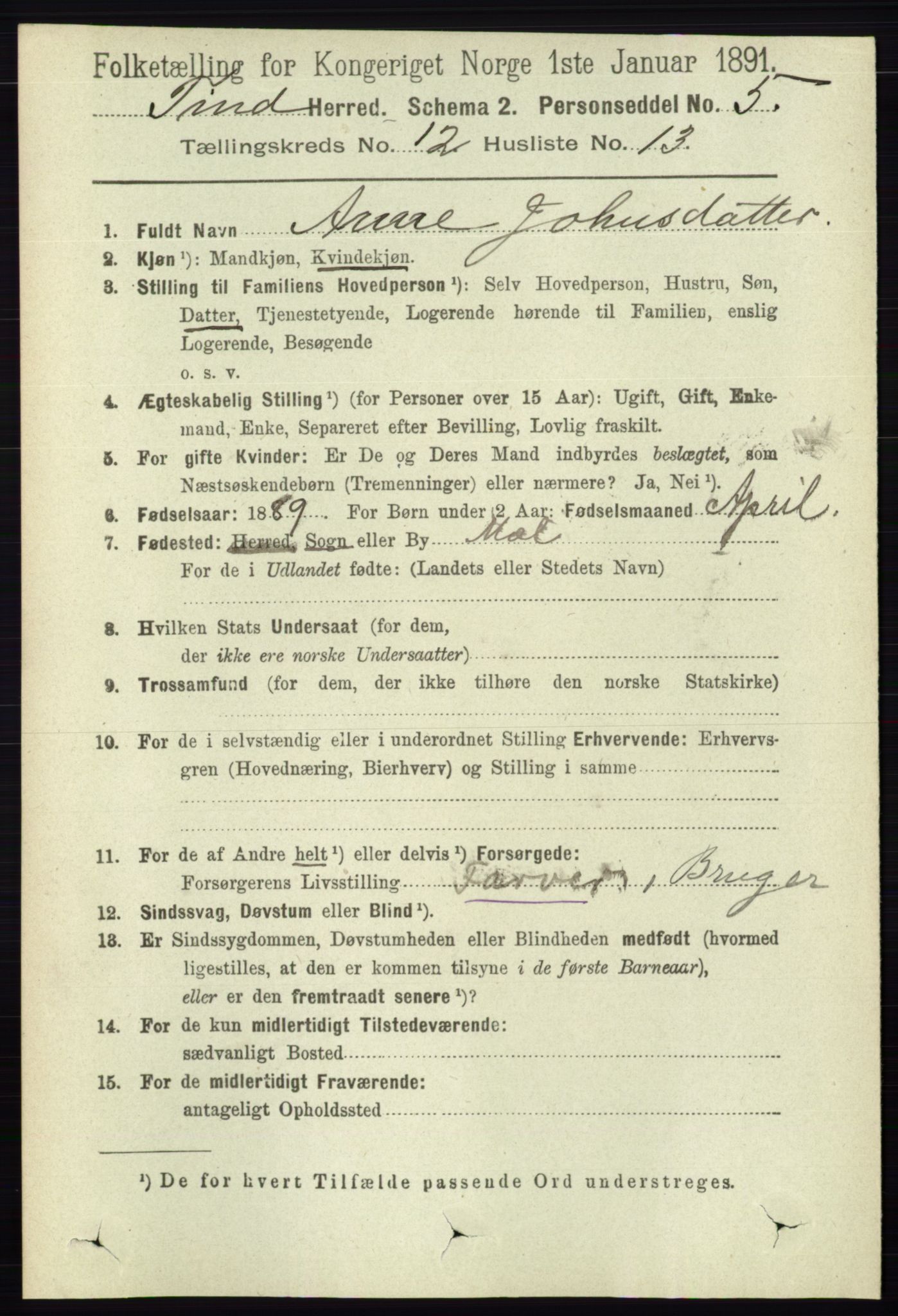 RA, 1891 census for 0826 Tinn, 1891, p. 2380