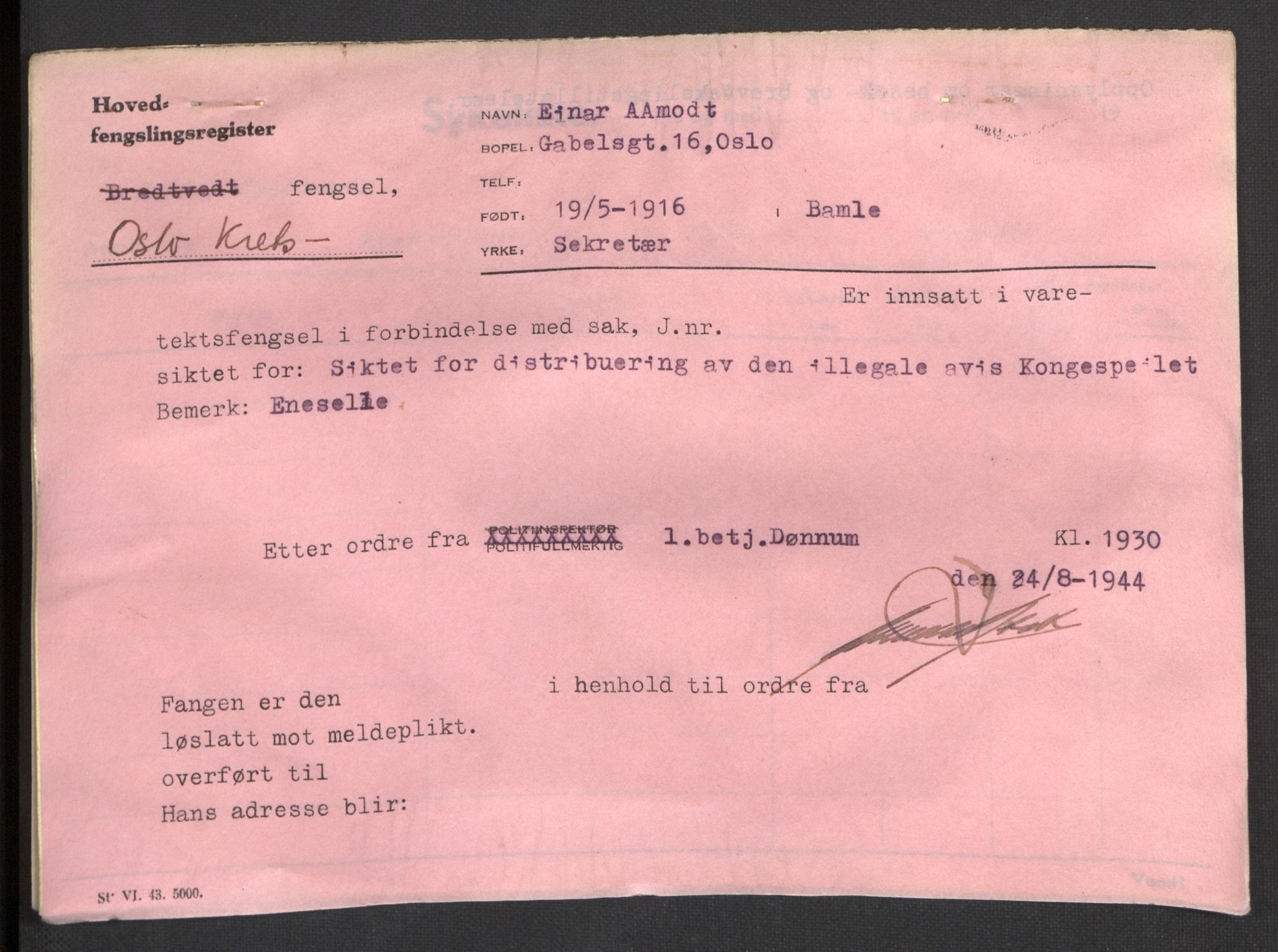 Statspolitiet - Hovedkontoret / Osloavdelingen, AV/RA-S-1329/C/Ck/Cke/L0001: Hovedfengslingsregister, 1944-1945