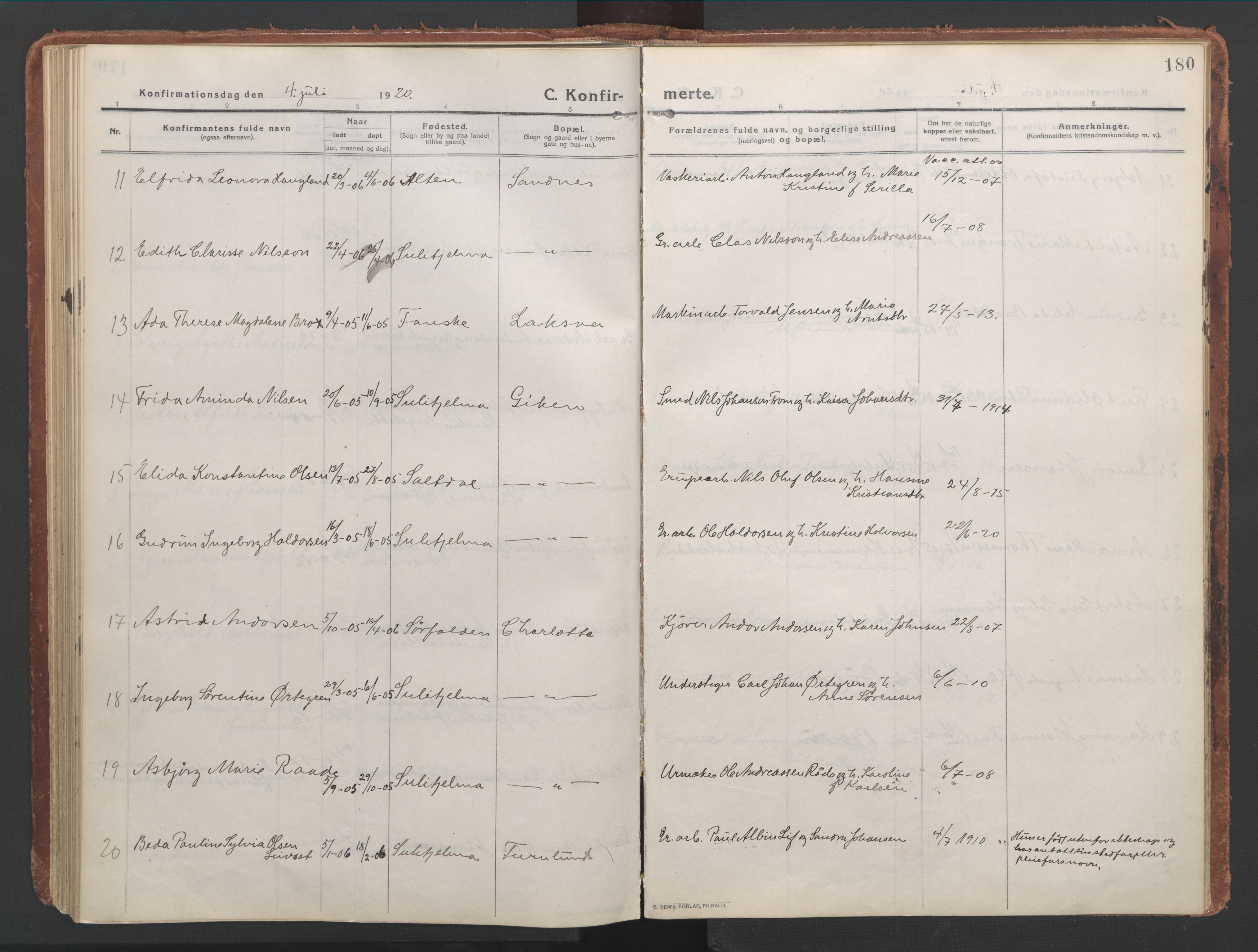 Ministerialprotokoller, klokkerbøker og fødselsregistre - Nordland, AV/SAT-A-1459/850/L0715: Curate's parish register no. 850B05, 1913-1924, p. 180