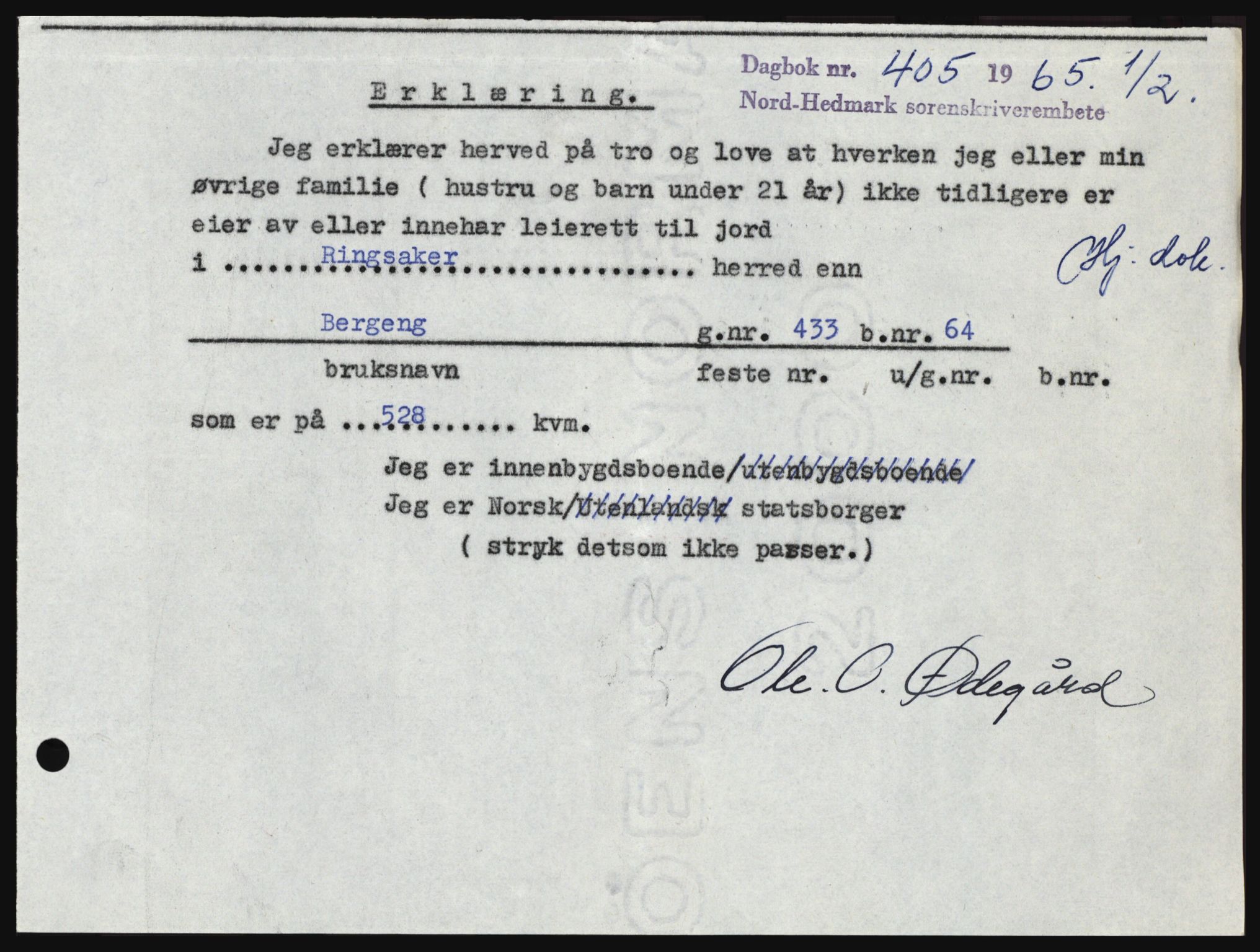 Nord-Hedmark sorenskriveri, SAH/TING-012/H/Hc/L0021: Mortgage book no. 21, 1964-1965, Diary no: : 405/1965