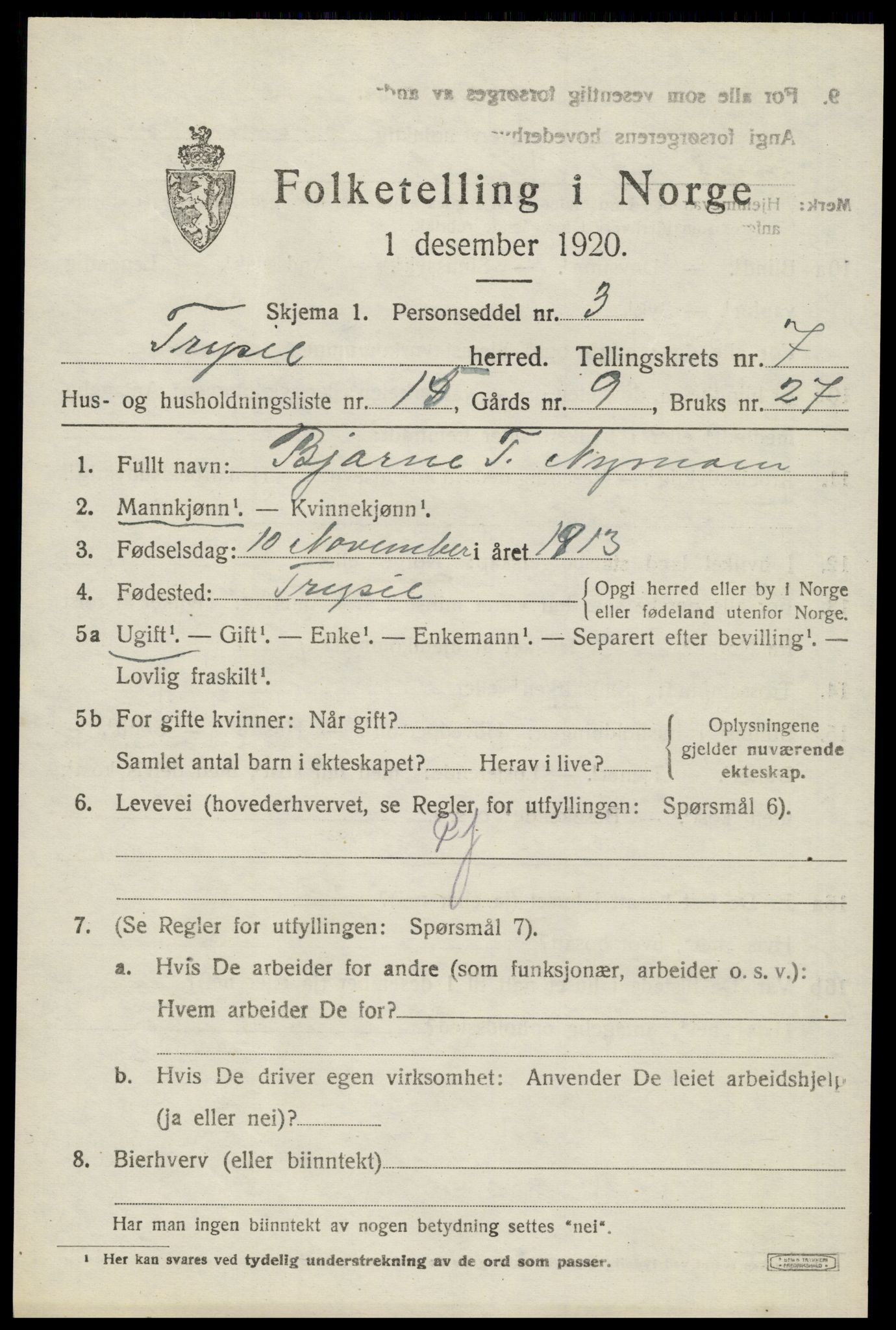 SAH, 1920 census for Trysil, 1920, p. 5381