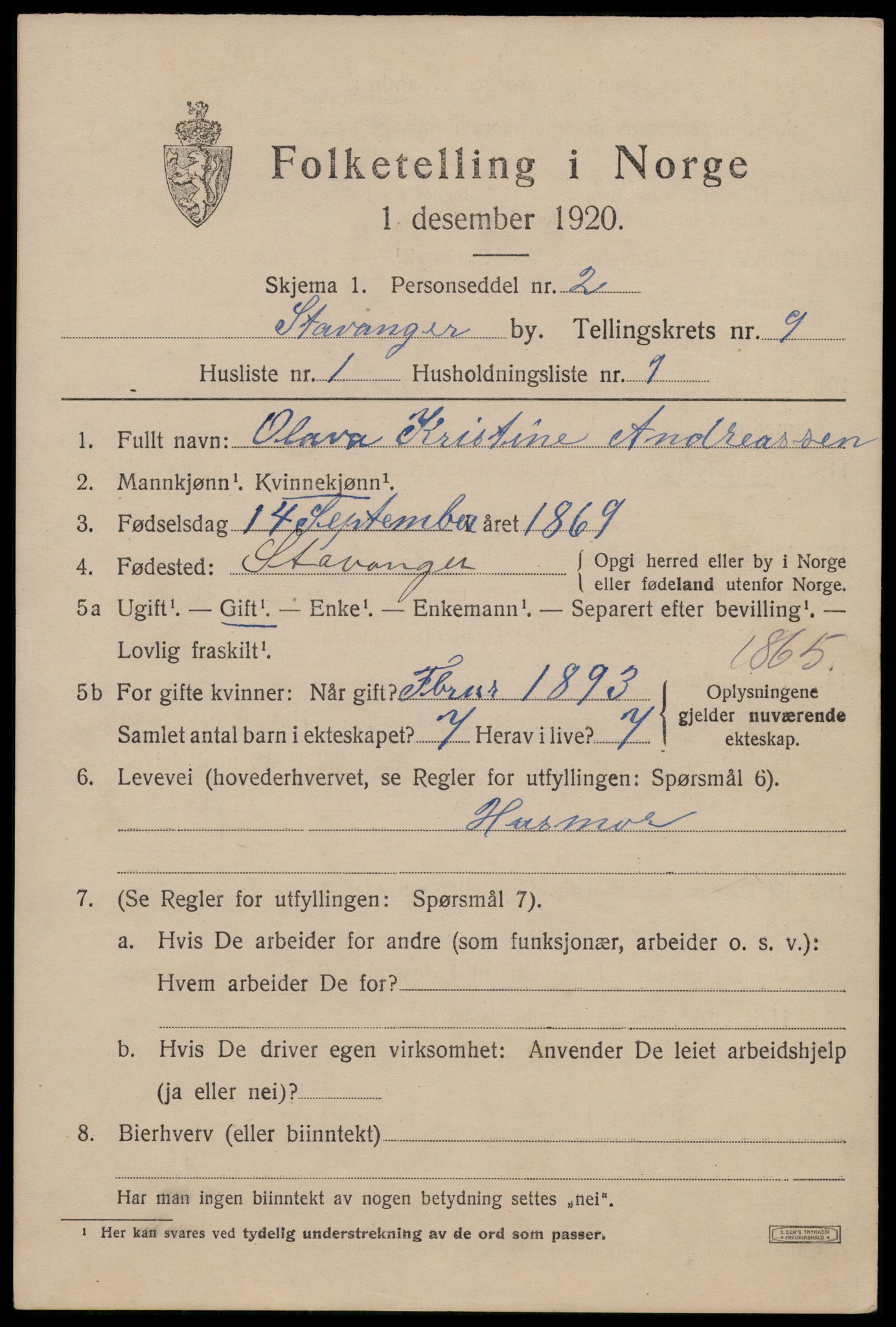 SAST, 1920 census for Stavanger, 1920, p. 49656