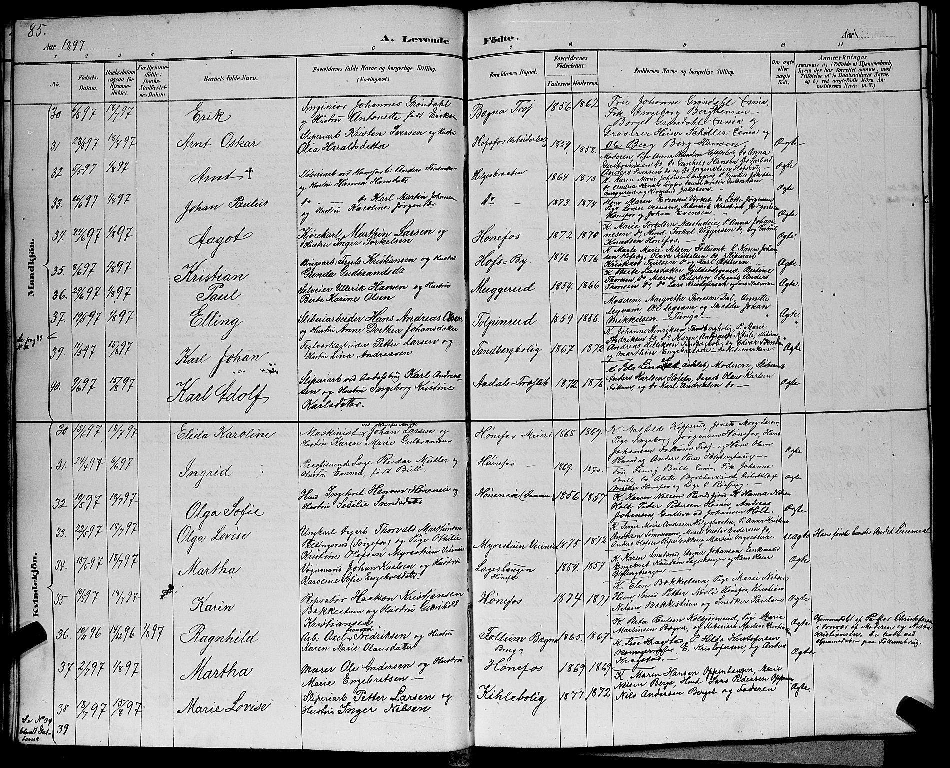 Hønefoss kirkebøker, AV/SAKO-A-609/G/Ga/L0002: Parish register (copy) no. 2, 1888-1904, p. 85