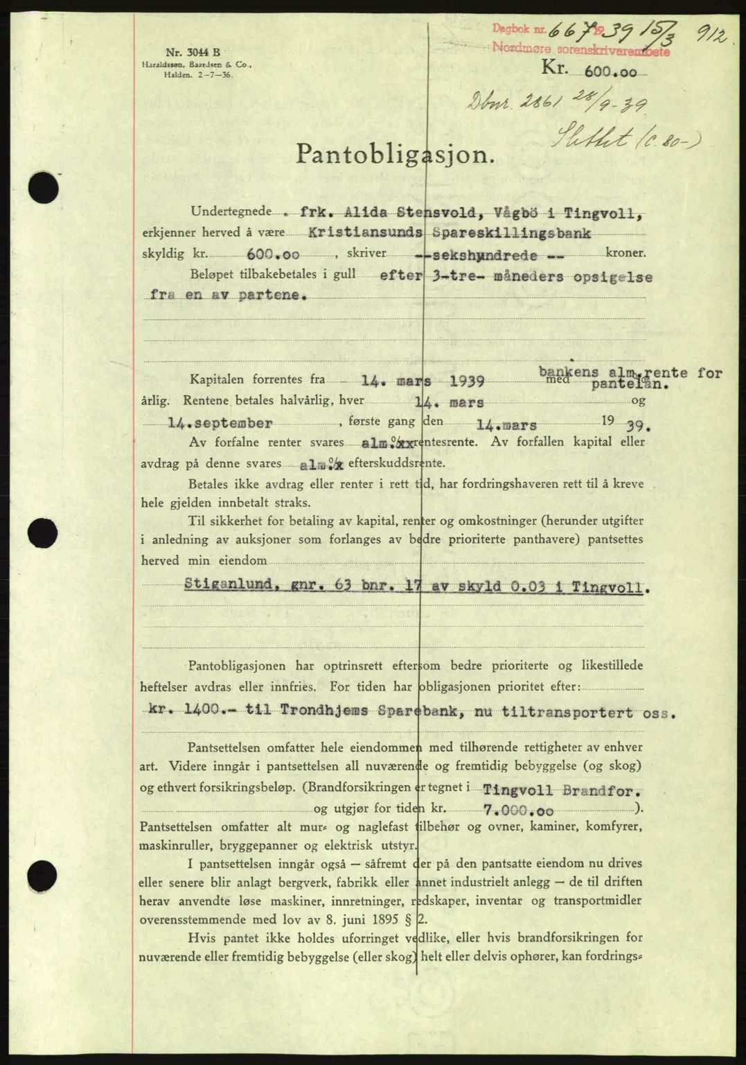 Nordmøre sorenskriveri, SAT/A-4132/1/2/2Ca: Mortgage book no. B84, 1938-1939, Diary no: : 667/1939
