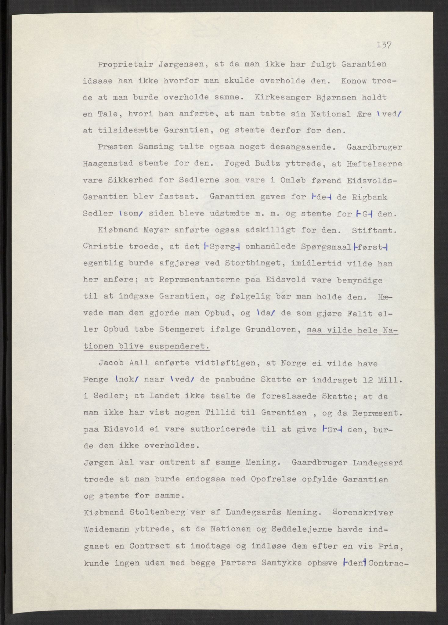 Manuskriptsamlingen, AV/RA-EA-3667/F/L0197: Wetlesen, Hans Jørgen (stortingsmann, ingeniørkaptein); Referat fra Stortinget 1815-1816, 1815-1816, p. 137