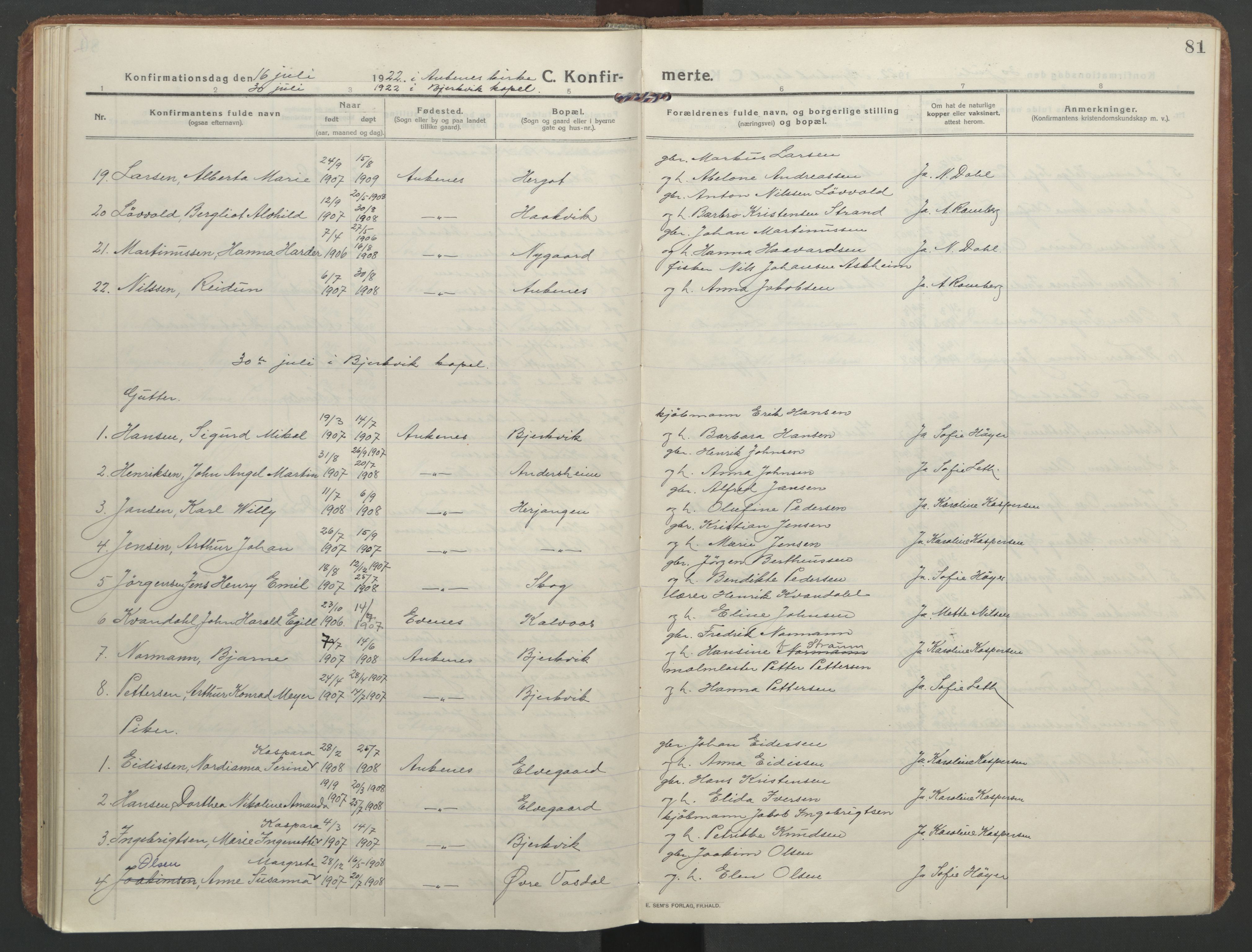 Ministerialprotokoller, klokkerbøker og fødselsregistre - Nordland, AV/SAT-A-1459/866/L0944: Parish register (official) no. 866A07, 1906-1926, p. 81