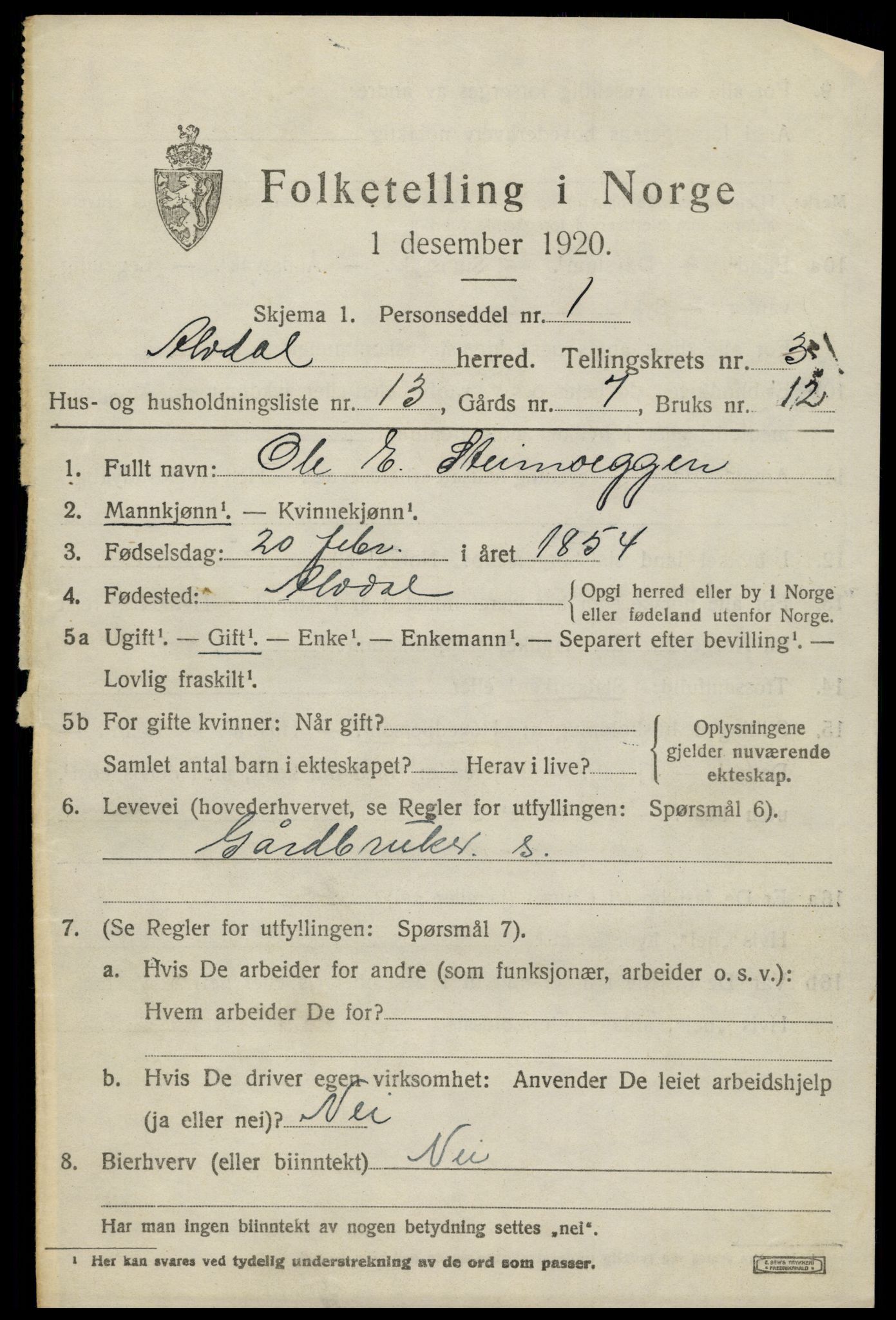 SAH, 1920 census for Alvdal, 1920, p. 1822
