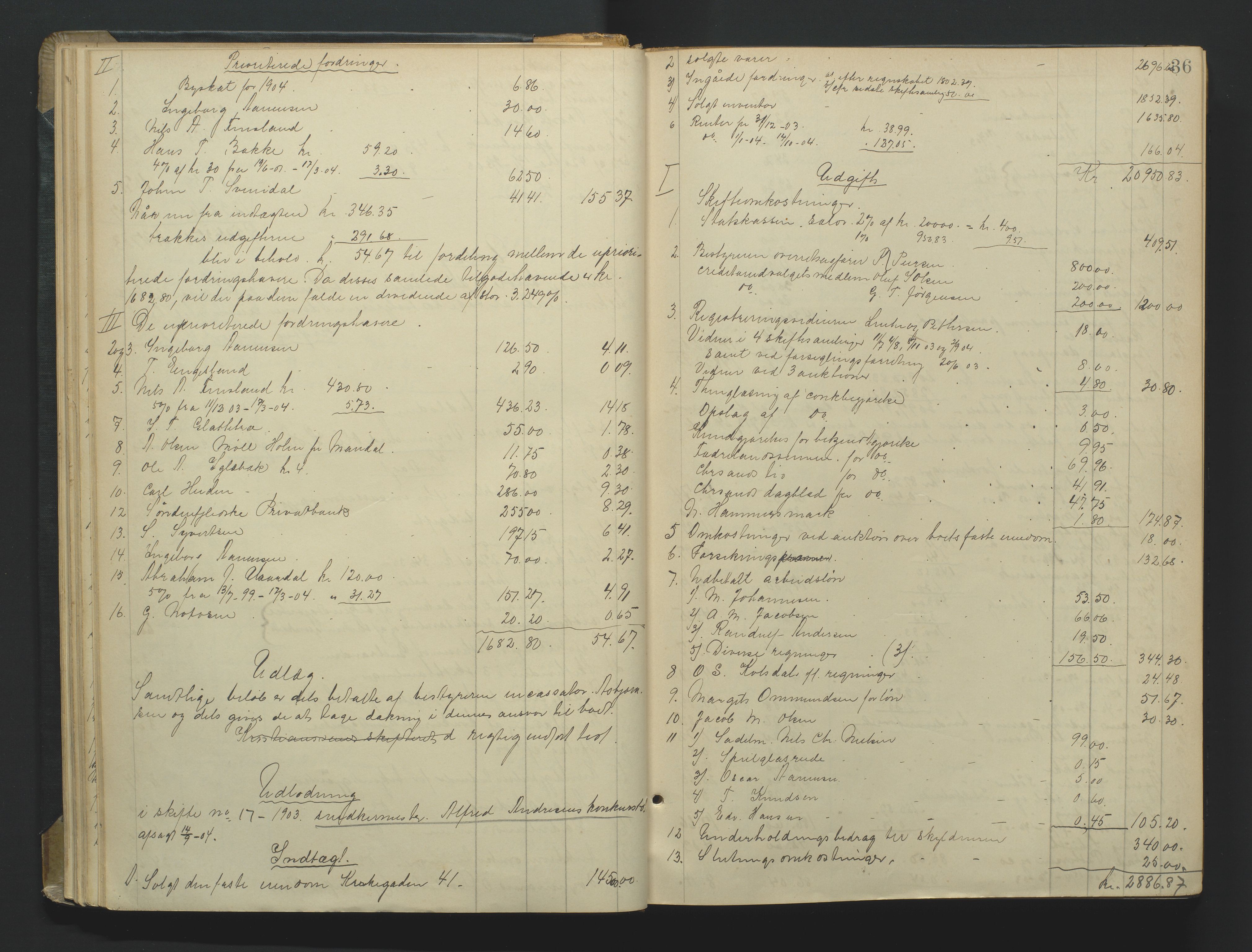 Kristiansand byrett, AV/SAK-1223-0001/H/Hc/L0060: Skifteutlodningsprotokoll nr. 6, med register, 1903-1916, p. 36