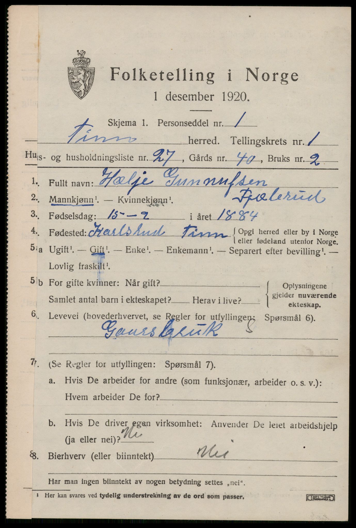 SAKO, 1920 census for Tinn, 1920, p. 3022