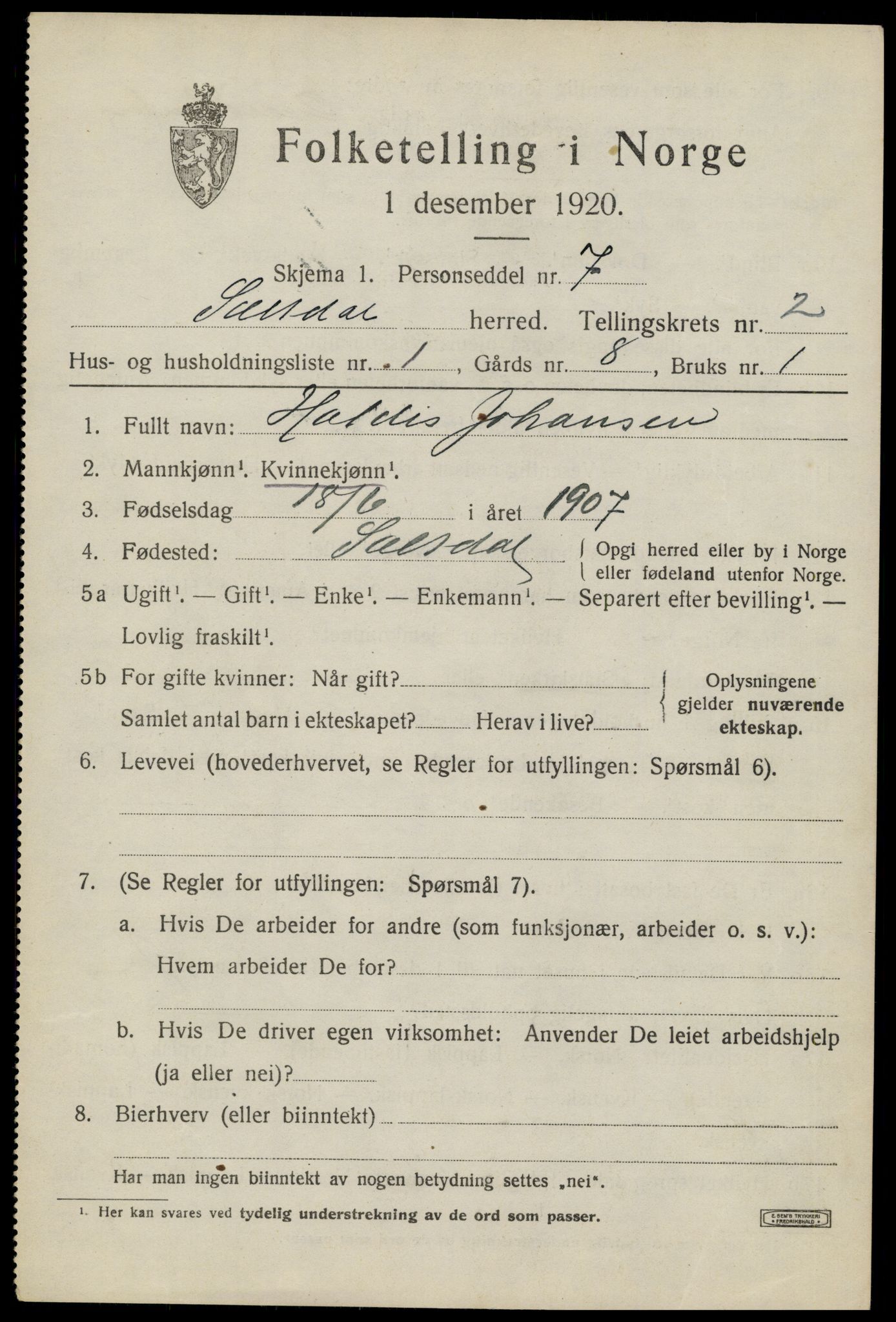 SAT, 1920 census for Saltdal, 1920, p. 2853