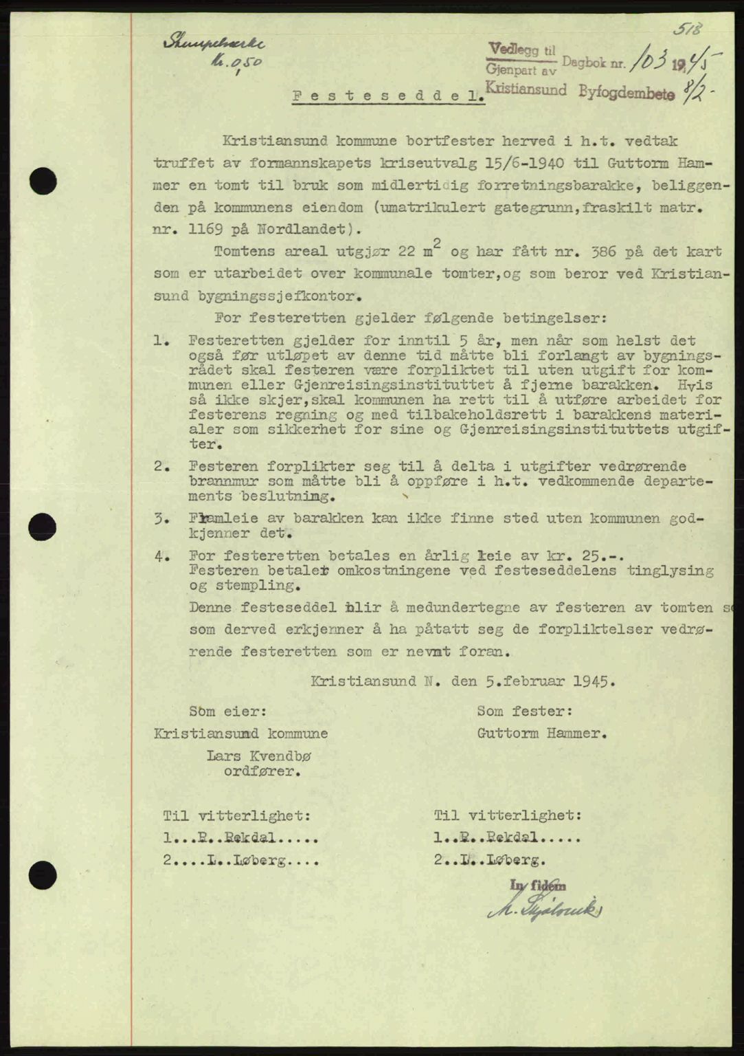 Kristiansund byfogd, SAT/A-4587/A/27: Mortgage book no. 37-38, 1943-1945, Diary no: : 103/1945