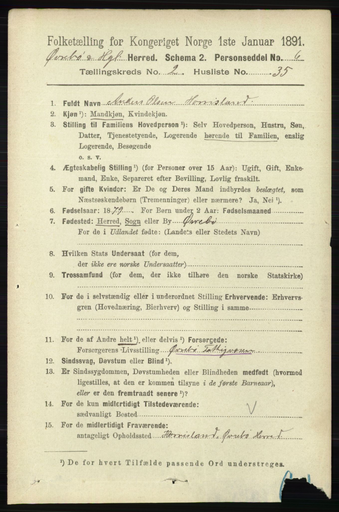 RA, 1891 census for 1016 Øvrebø og Hægeland, 1891, p. 496