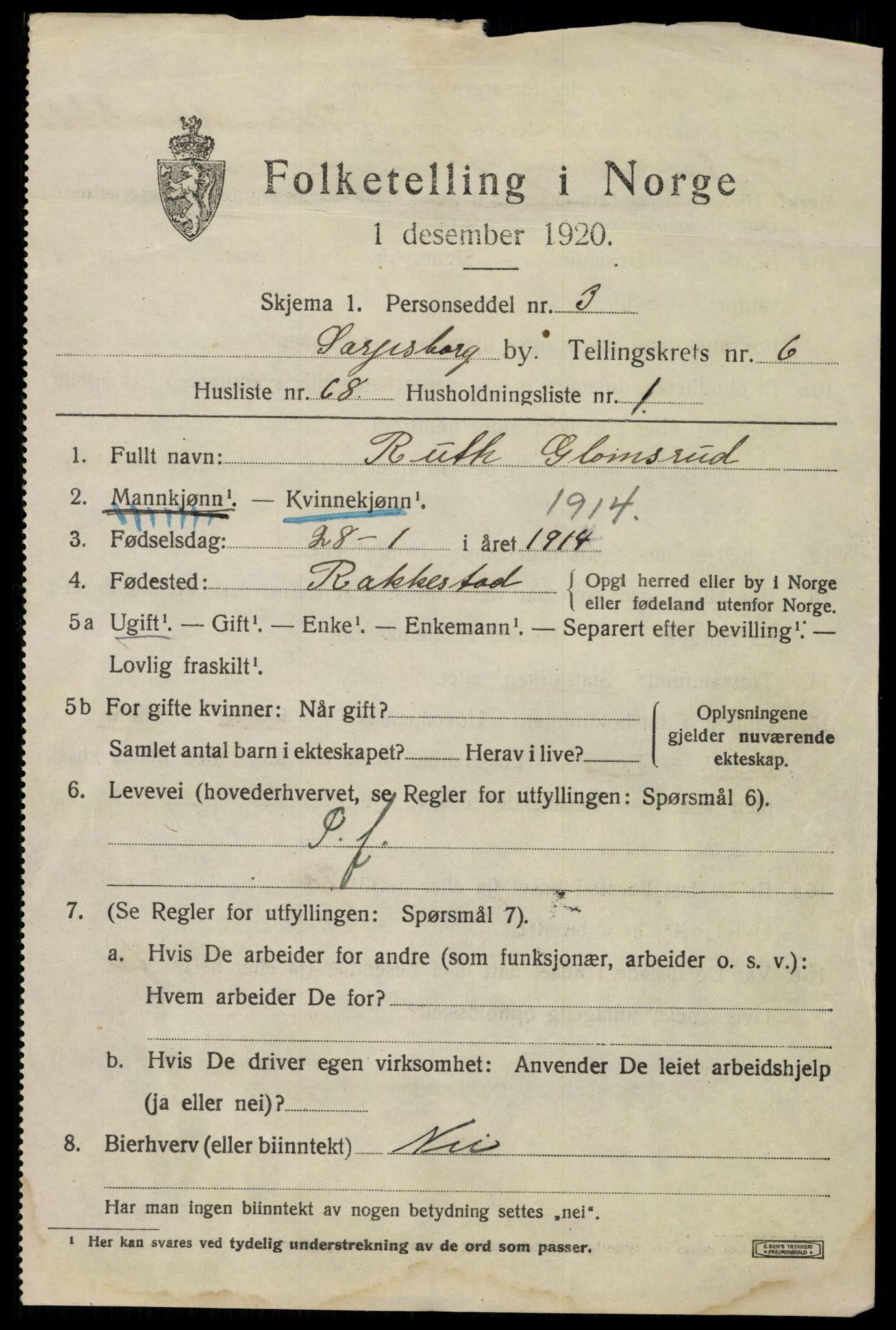 SAO, 1920 census for Sarpsborg, 1920, p. 16032