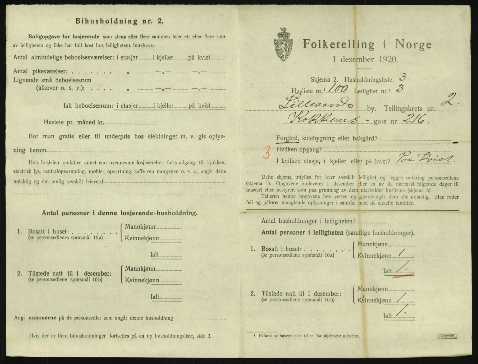 SAK, 1920 census for Lillesand, 1920, p. 1091