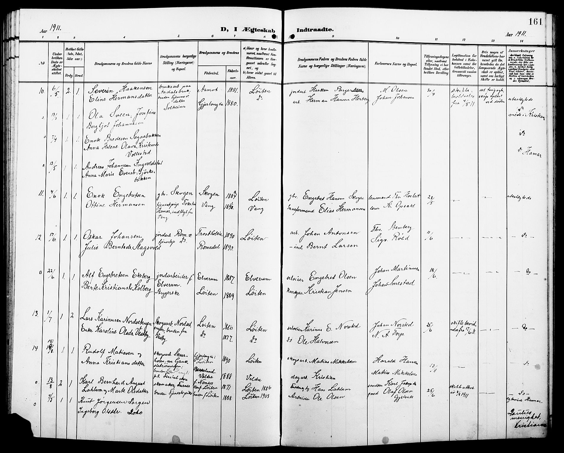Løten prestekontor, SAH/PREST-022/L/La/L0007: Parish register (copy) no. 7, 1910-1919, p. 161
