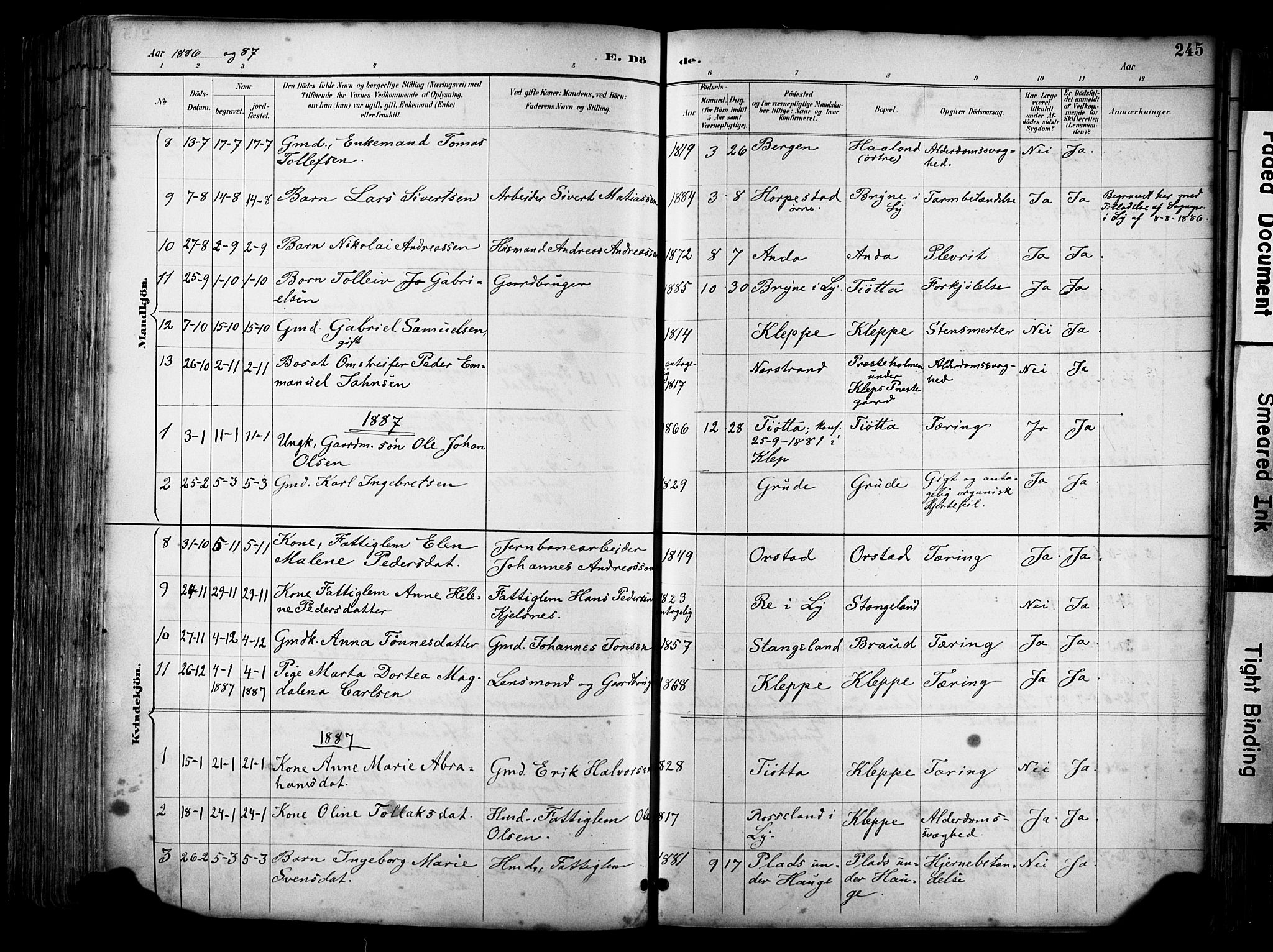 Klepp sokneprestkontor, SAST/A-101803/001/3/30BA/L0009: Parish register (official) no. A 7, 1886-1915, p. 245
