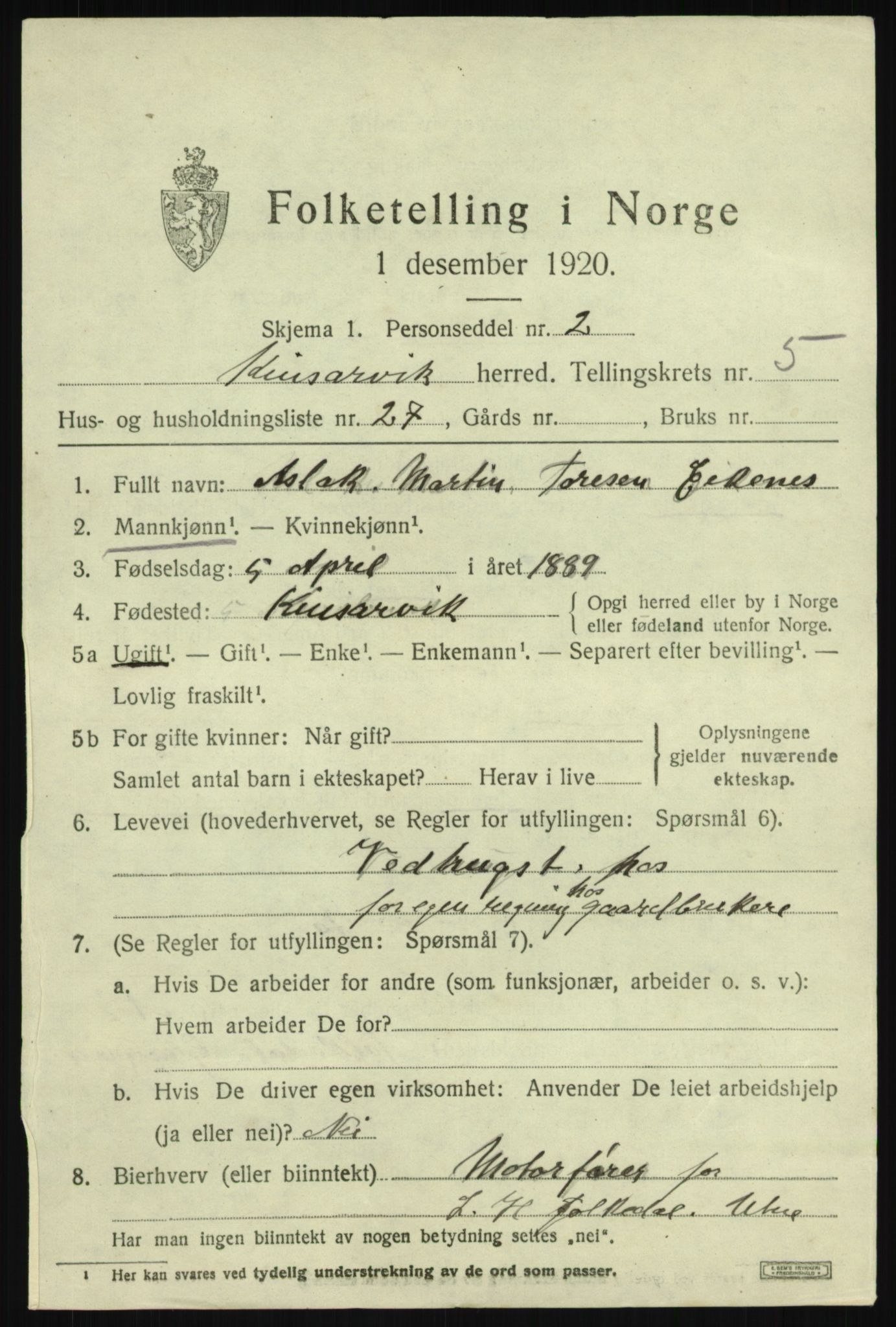 SAB, 1920 census for Kinsarvik, 1920, p. 2864