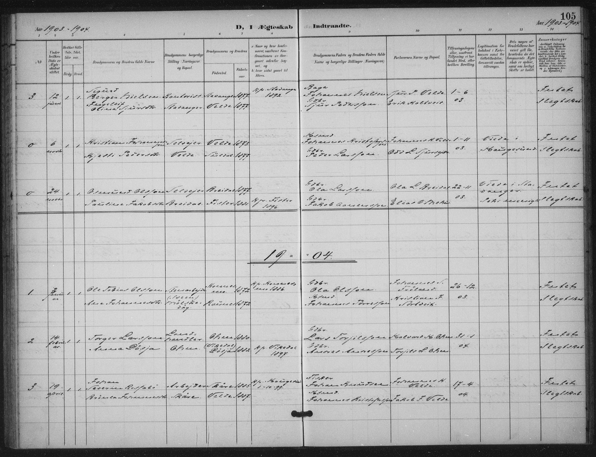 Skjold sokneprestkontor, SAST/A-101847/H/Ha/Haa/L0012: Parish register (official) no. A 12, 1899-1915, p. 105