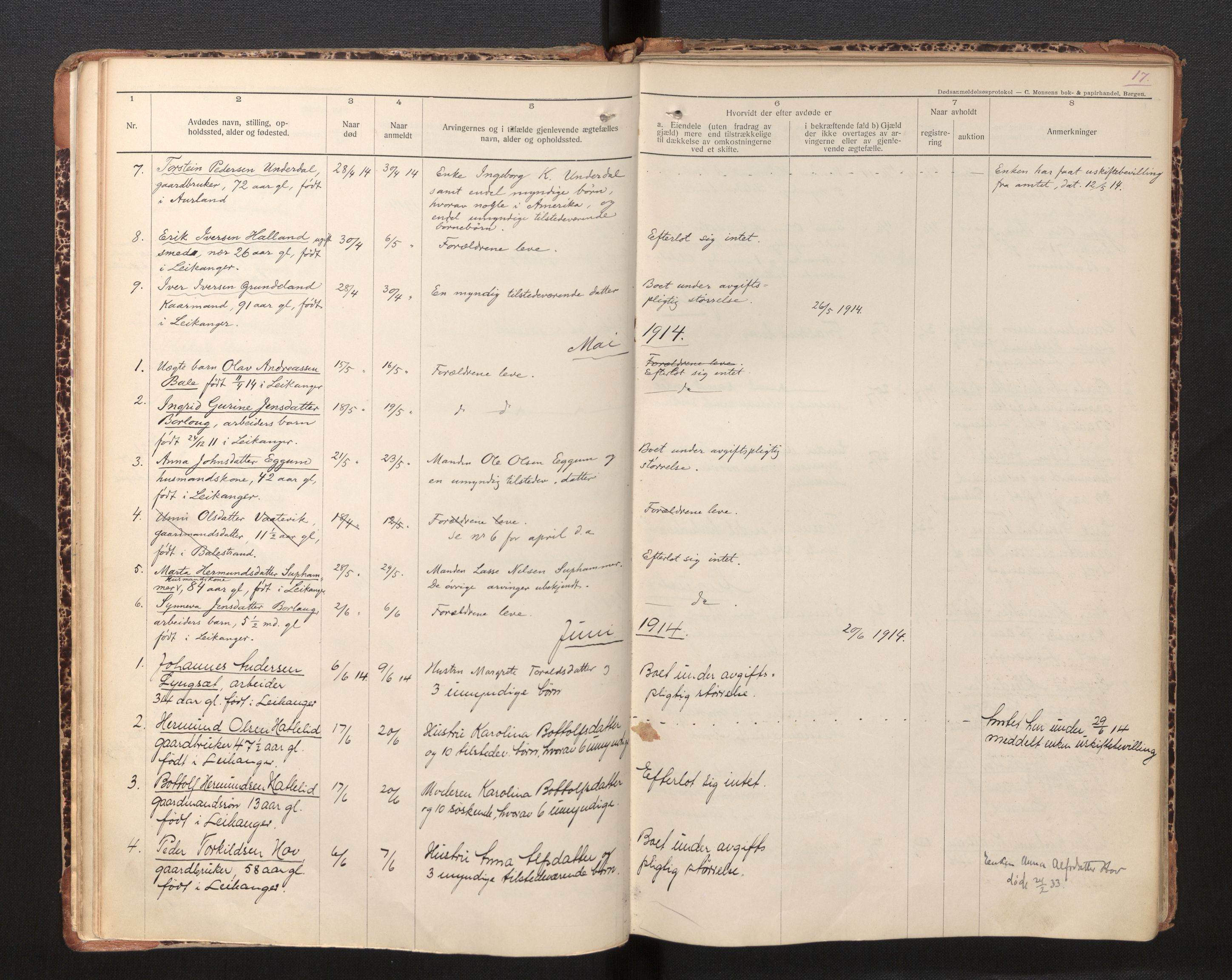 Lensmannen i Leikanger, AV/SAB-A-29201/0006/L0009: Dødsfallprotokoll, 1911-1936, p. 17