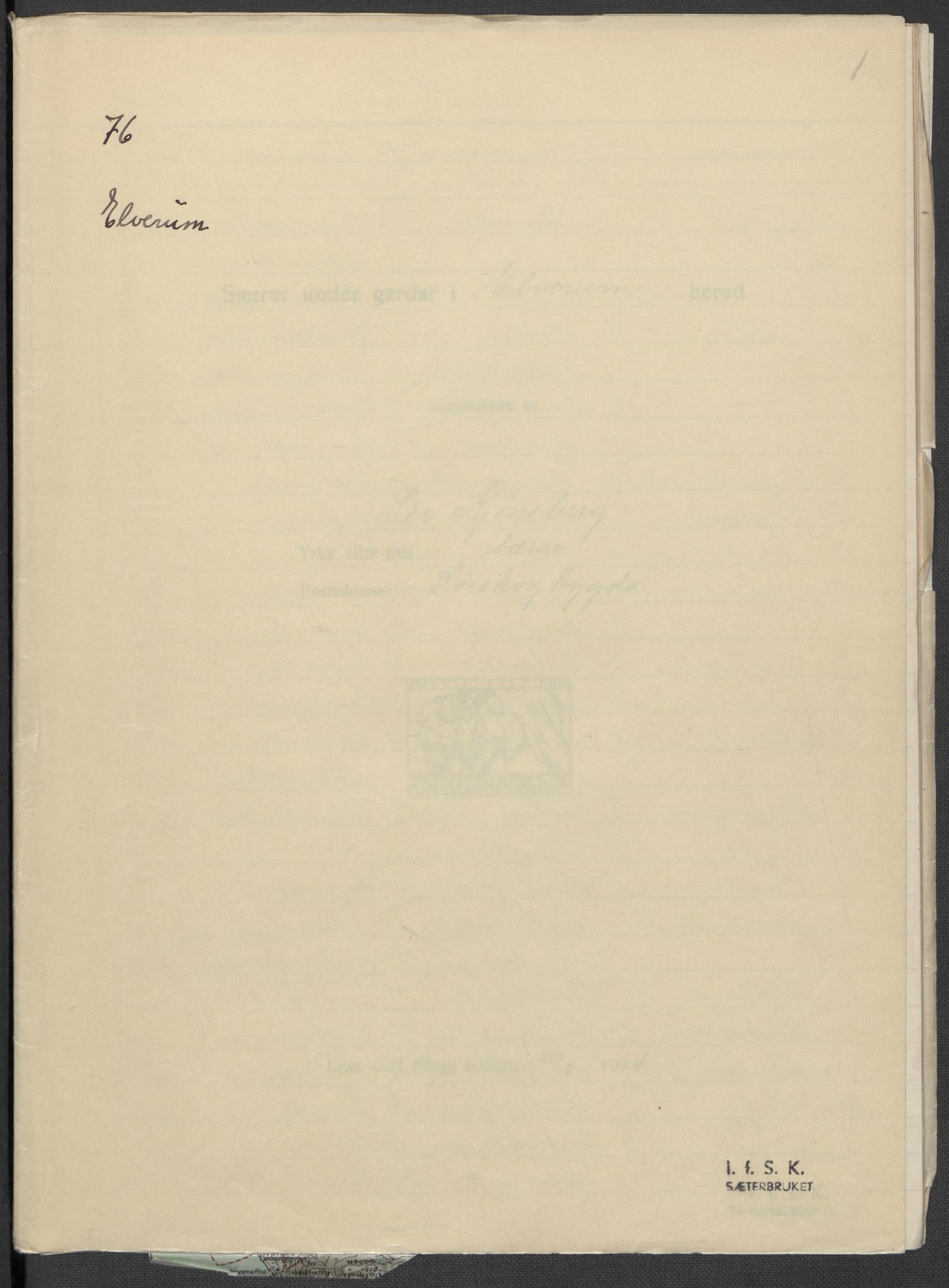 Instituttet for sammenlignende kulturforskning, RA/PA-0424/F/Fc/L0003/0002: Eske B3: / Hedmark (perm V), 1934-1937, p. 1