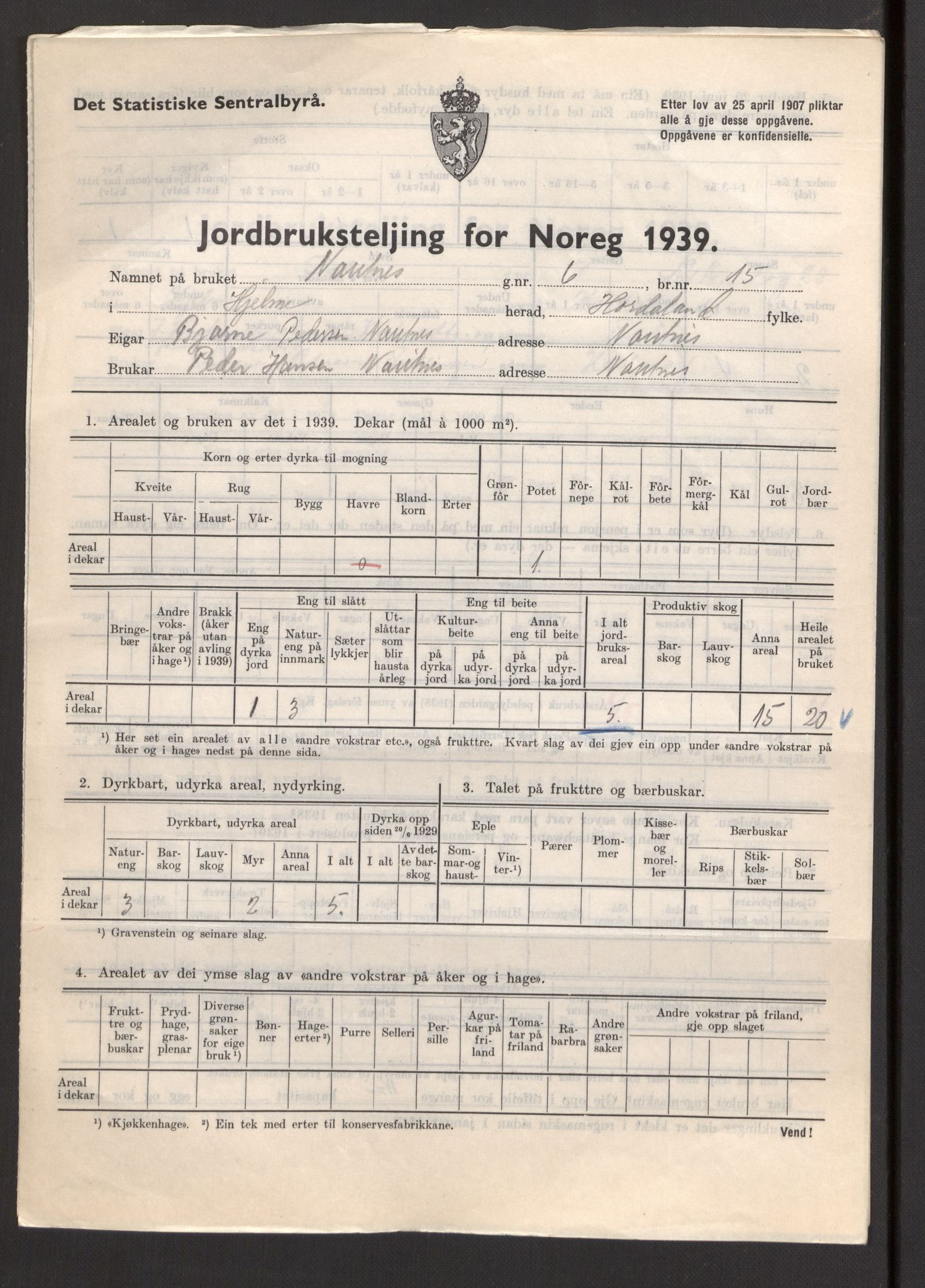 Statistisk sentralbyrå, Næringsøkonomiske emner, Jordbruk, skogbruk, jakt, fiske og fangst, AV/RA-S-2234/G/Gb/L0211: Hordaland: Herdla, Hjelme og Manger, 1939, p. 1181