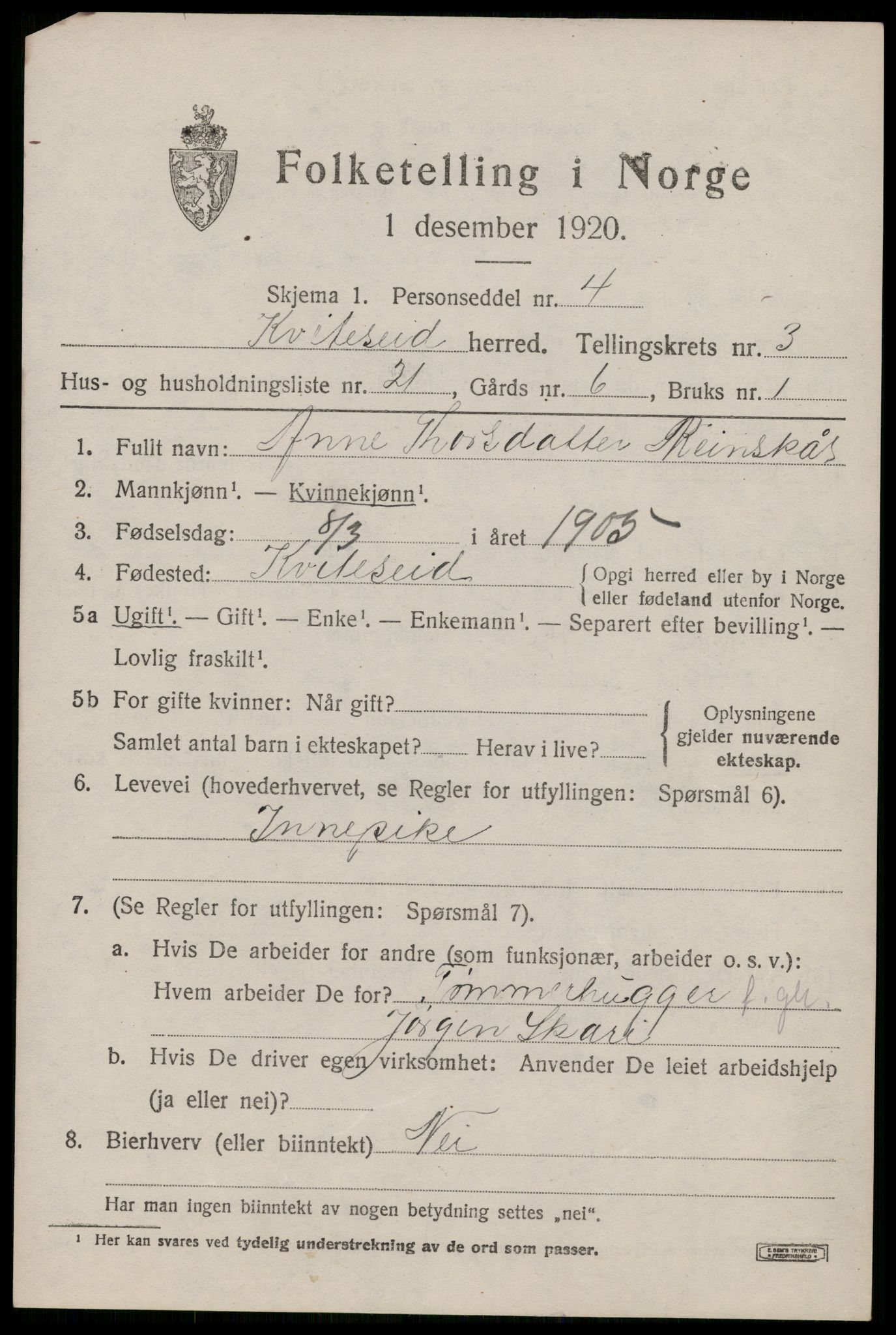 SAKO, 1920 census for Kviteseid, 1920, p. 2629