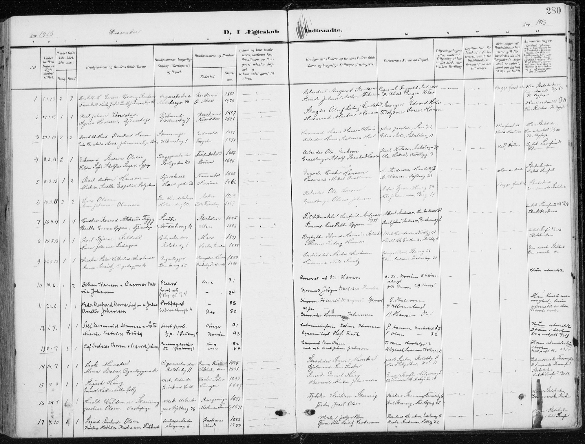 Kampen prestekontor Kirkebøker, SAO/A-10853/F/Fa/L0011: Parish register (official) no. I 11, 1907-1917, p. 280