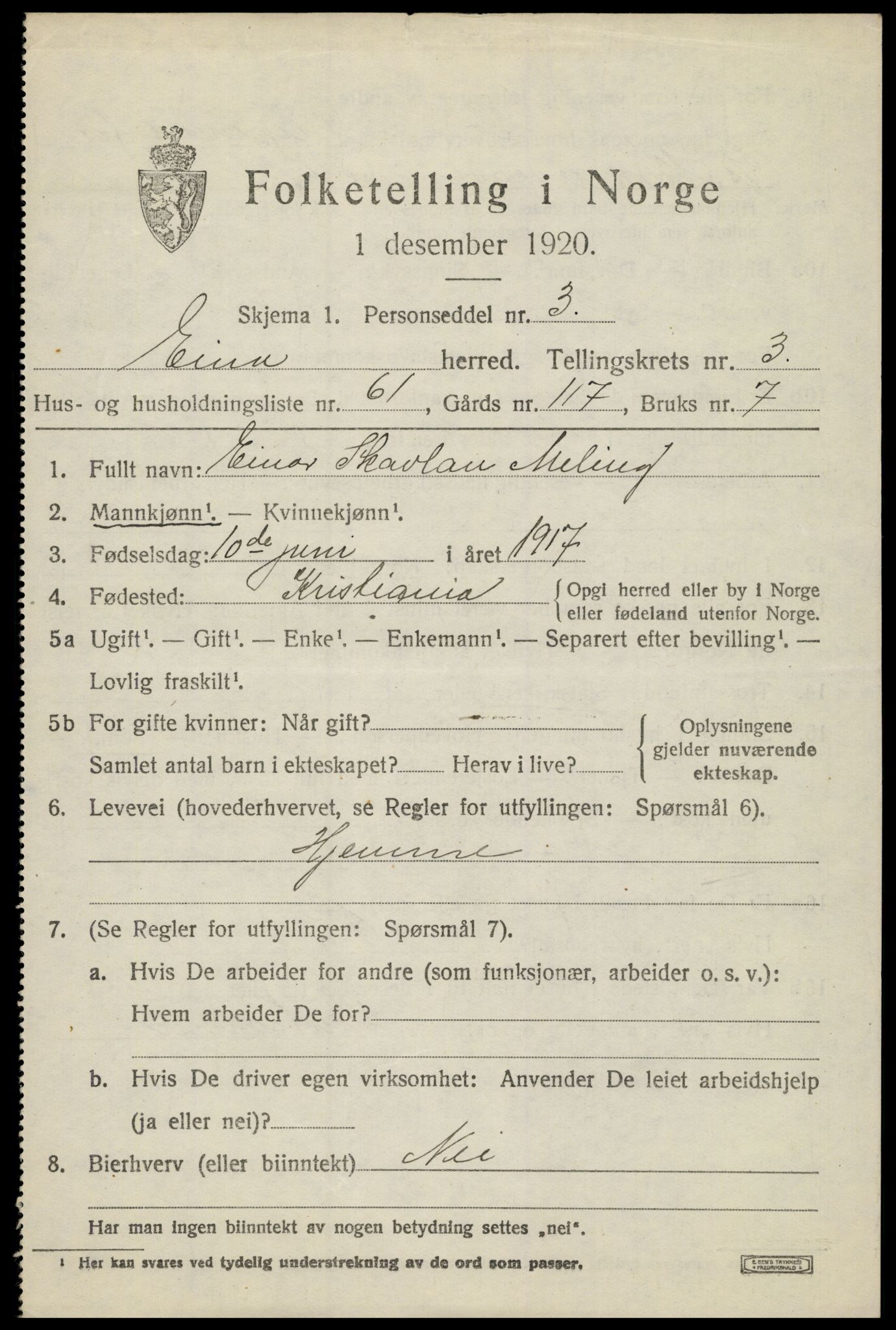 SAH, 1920 census for Eina, 1920, p. 2920