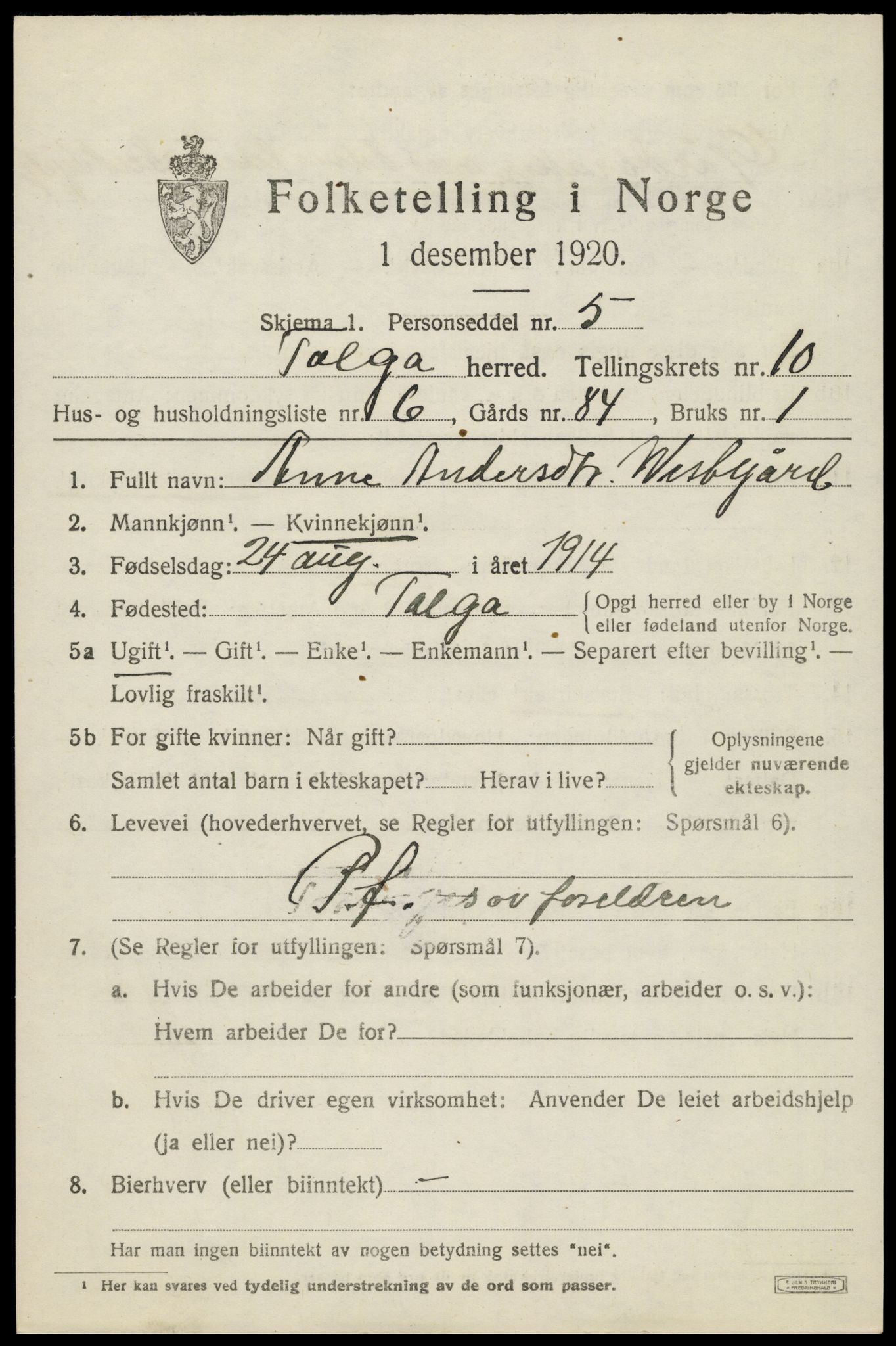 SAH, 1920 census for Tolga, 1920, p. 4959