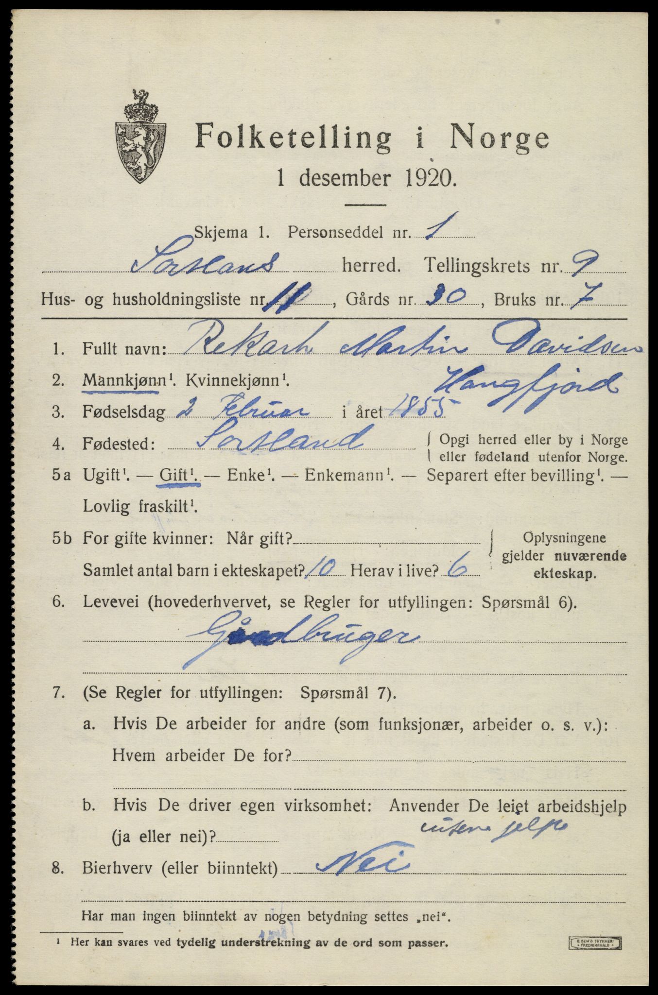 SAT, 1920 census for Sortland, 1920, p. 7248