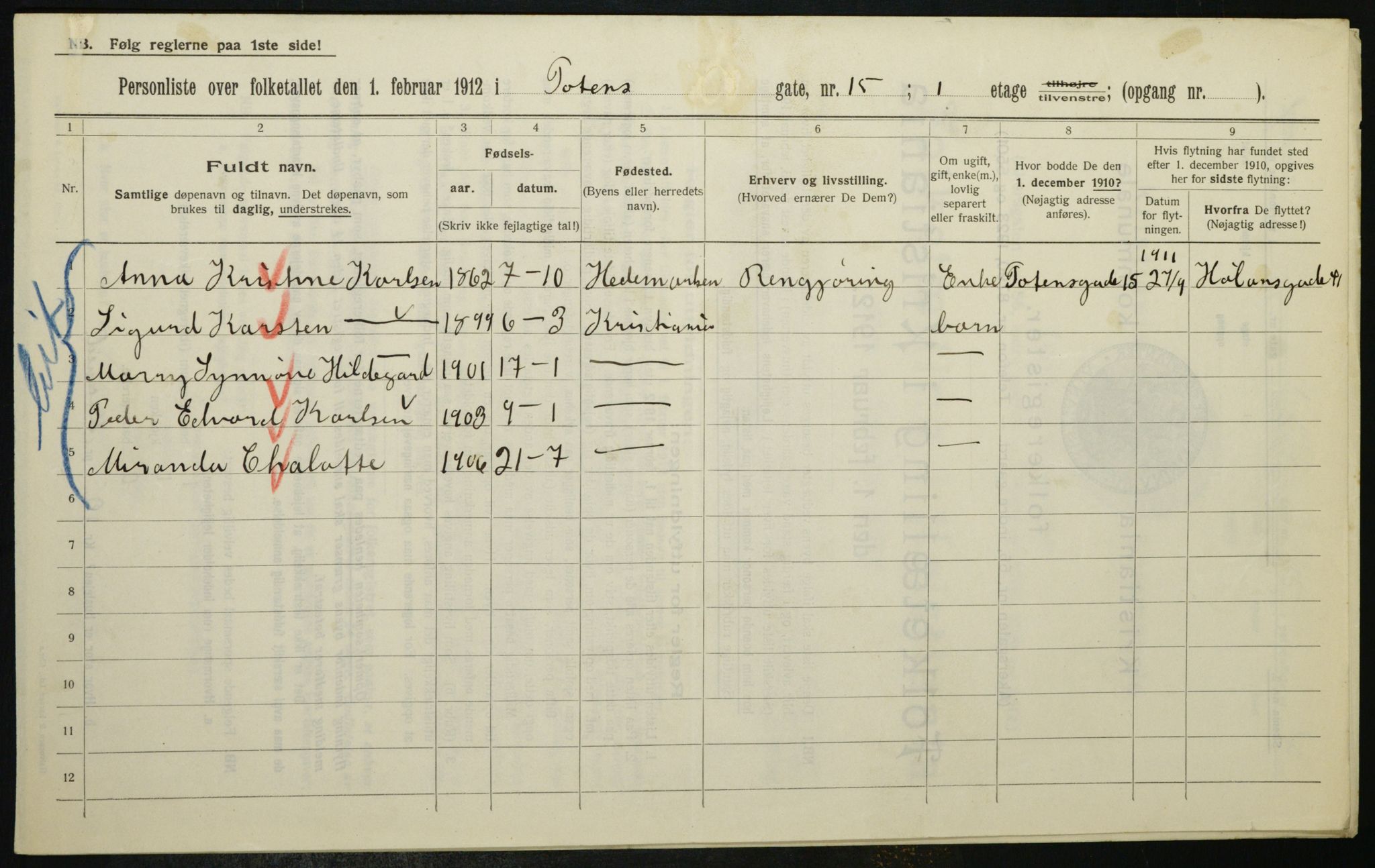 OBA, Municipal Census 1912 for Kristiania, 1912, p. 115575