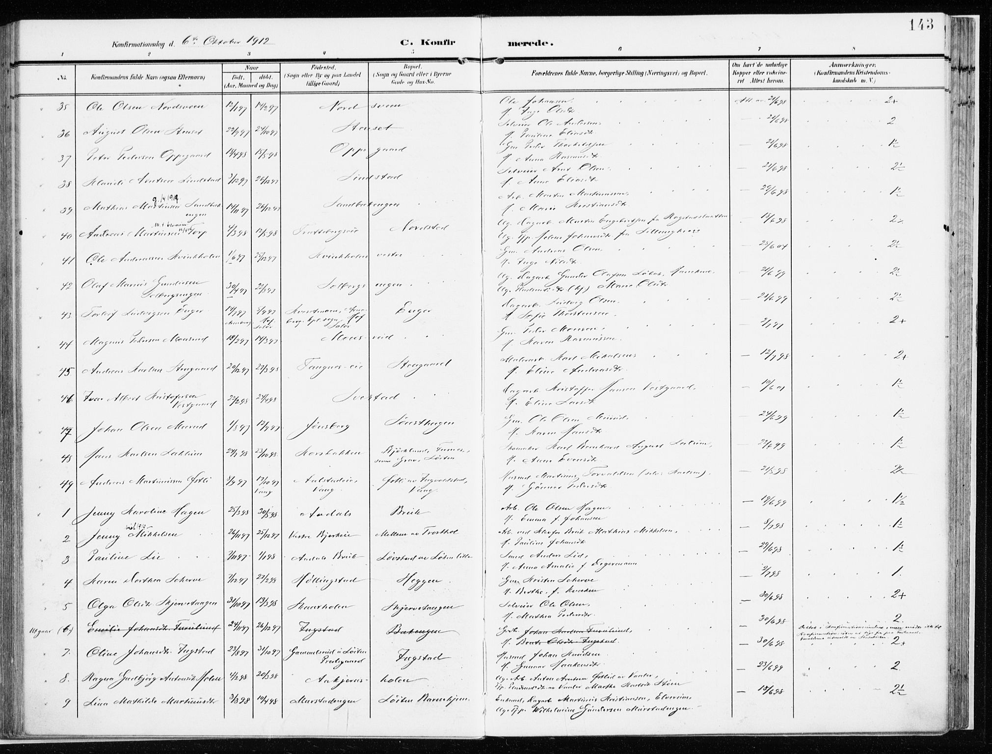 Løten prestekontor, AV/SAH-PREST-022/K/Ka/L0011: Parish register (official) no. 11, 1908-1917, p. 143