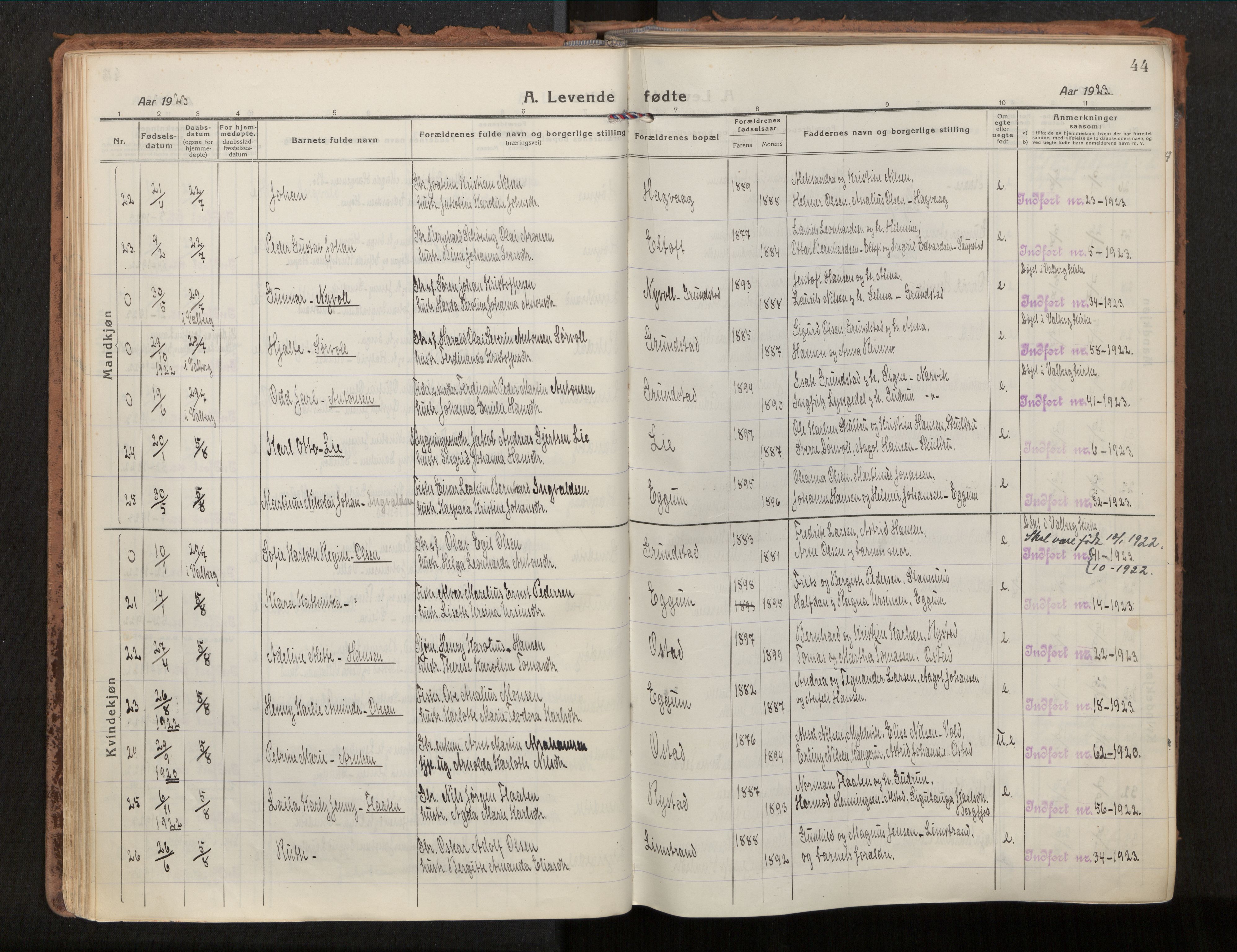 Ministerialprotokoller, klokkerbøker og fødselsregistre - Nordland, AV/SAT-A-1459/880/L1136: Parish register (official) no. 880A10, 1919-1927, p. 44