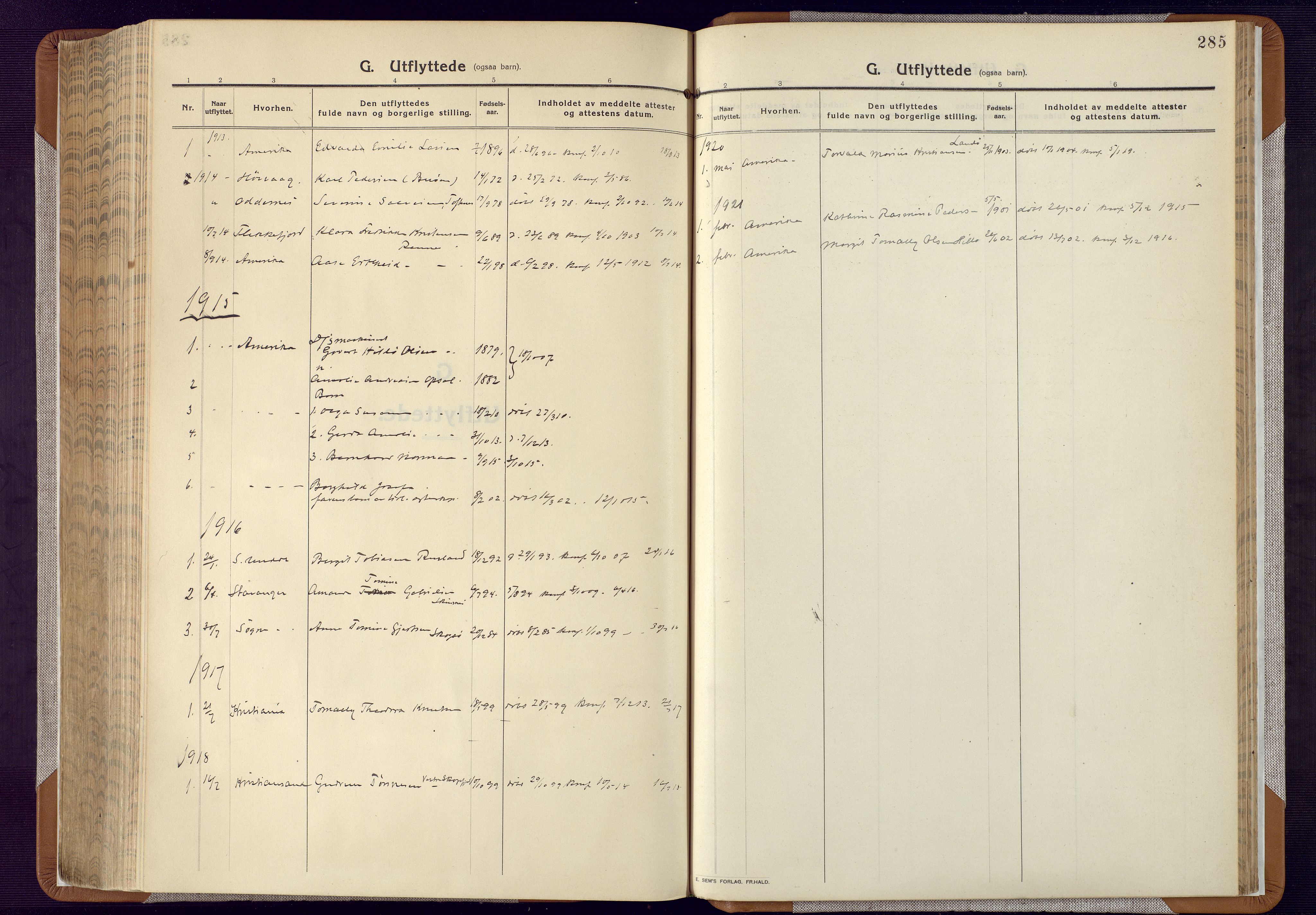 Mandal sokneprestkontor, SAK/1111-0030/F/Fa/Faa/L0022: Parish register (official) no. A 22, 1913-1925, p. 285